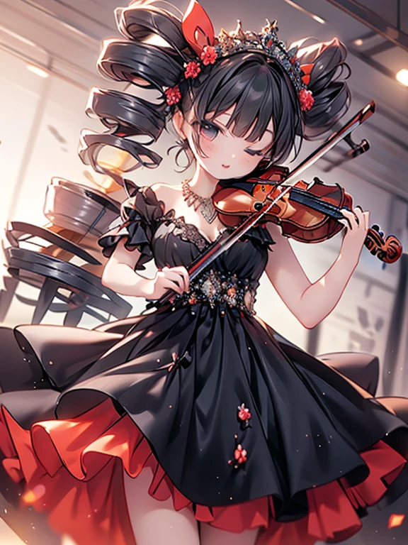 masterpiece, highest quality, Very detailed, 16k, Ultra-high resolution, ****************, Detailed face, Anatomically correct, black eye, Black Hair, Long Hair, Drill Hair, (mega twin drills:1.5), (Red dress:1.5), Shoulder-to-shoulder clothing, Skirt with a widened hem, necklace, orchestra, guitarshop, violin, 少女はviolinを演奏する