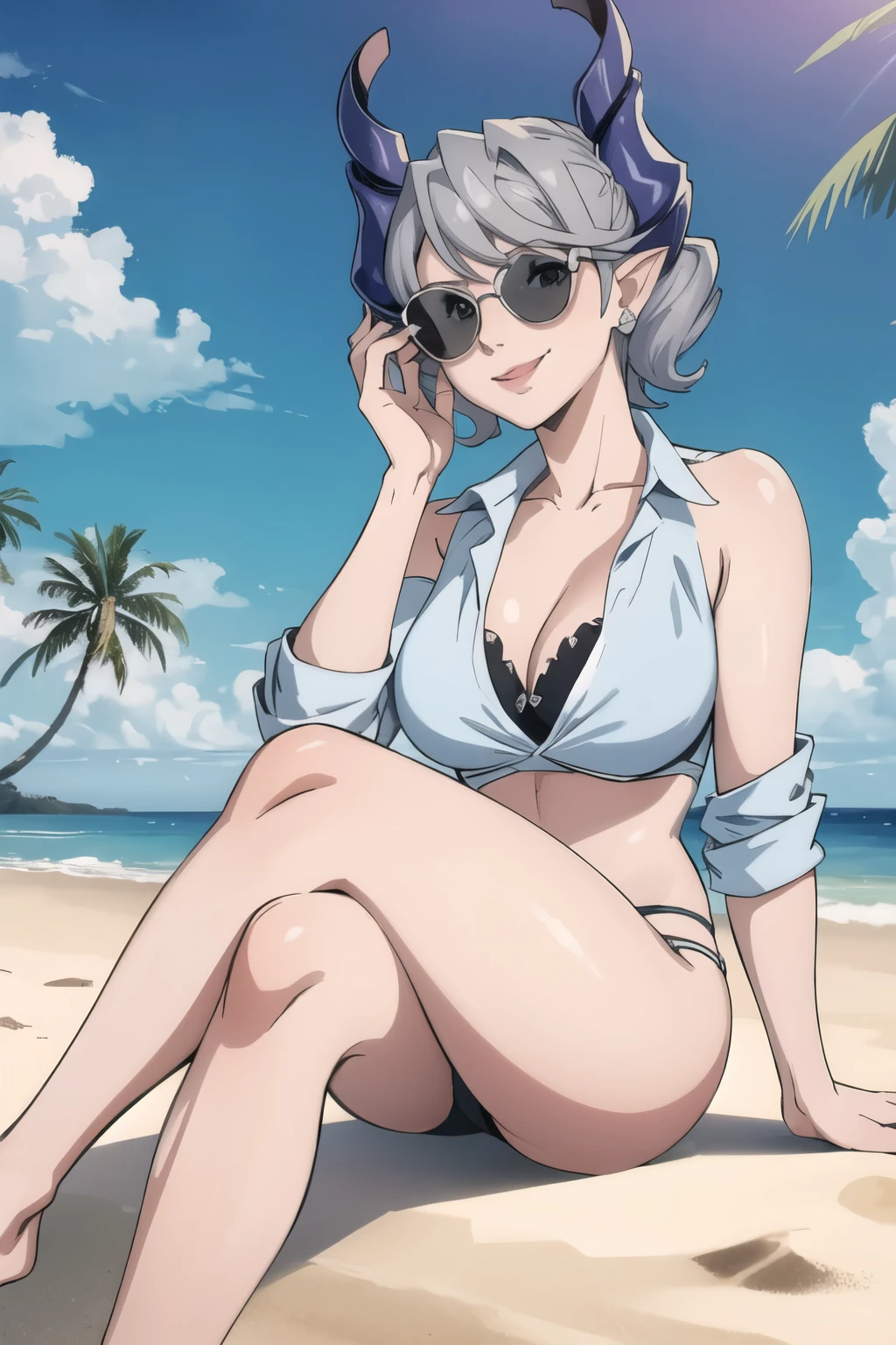 High level image quality　best image quality　8K　 adult woman  beach  sunset　palm trees   whole body view　portrait　blue bikini   　horn    ears  　short hair（（shortcut）（gray hair）（perm）（fluffy））　eye color is blue , classy black sunglasses , 　attractive evil face , smile   ,  sexy pose   ,  labrynth ,  barearm    , wearing white shirt  ,  sitting   , crossed leg style in detailed  , view foot arc