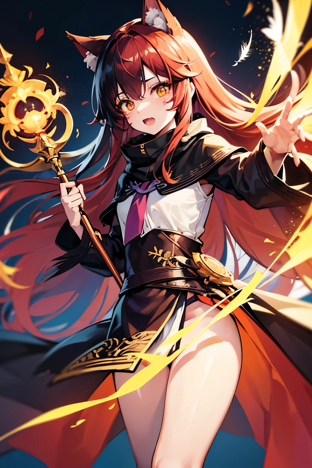 score_9, score_8_up, score_7_up, source_anime, rating_????????, BREAK Popoi, long hair, androgynous, feather hair ornament, hair ornament, feathers, red hair, facepaint, facial mark, orange hair, yellow eyes, very long hair, hair between eyes, staff, under body, solo, poncho, tunic, blush, open mouth, fang, looking at viewer, forest,