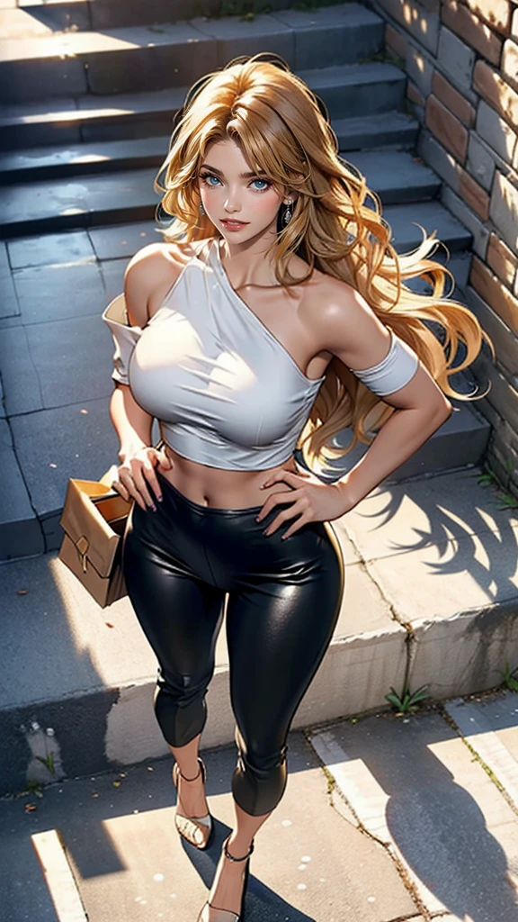 24-year-old female、Long Hair、Hair becomes wavy、Sexy proportions、Wear a one-shoulder top、Wear low rise leggings、Wear stiletto heels、smile、Please put your hands on your hips、Old concrete wall background、Sunlight from directly above