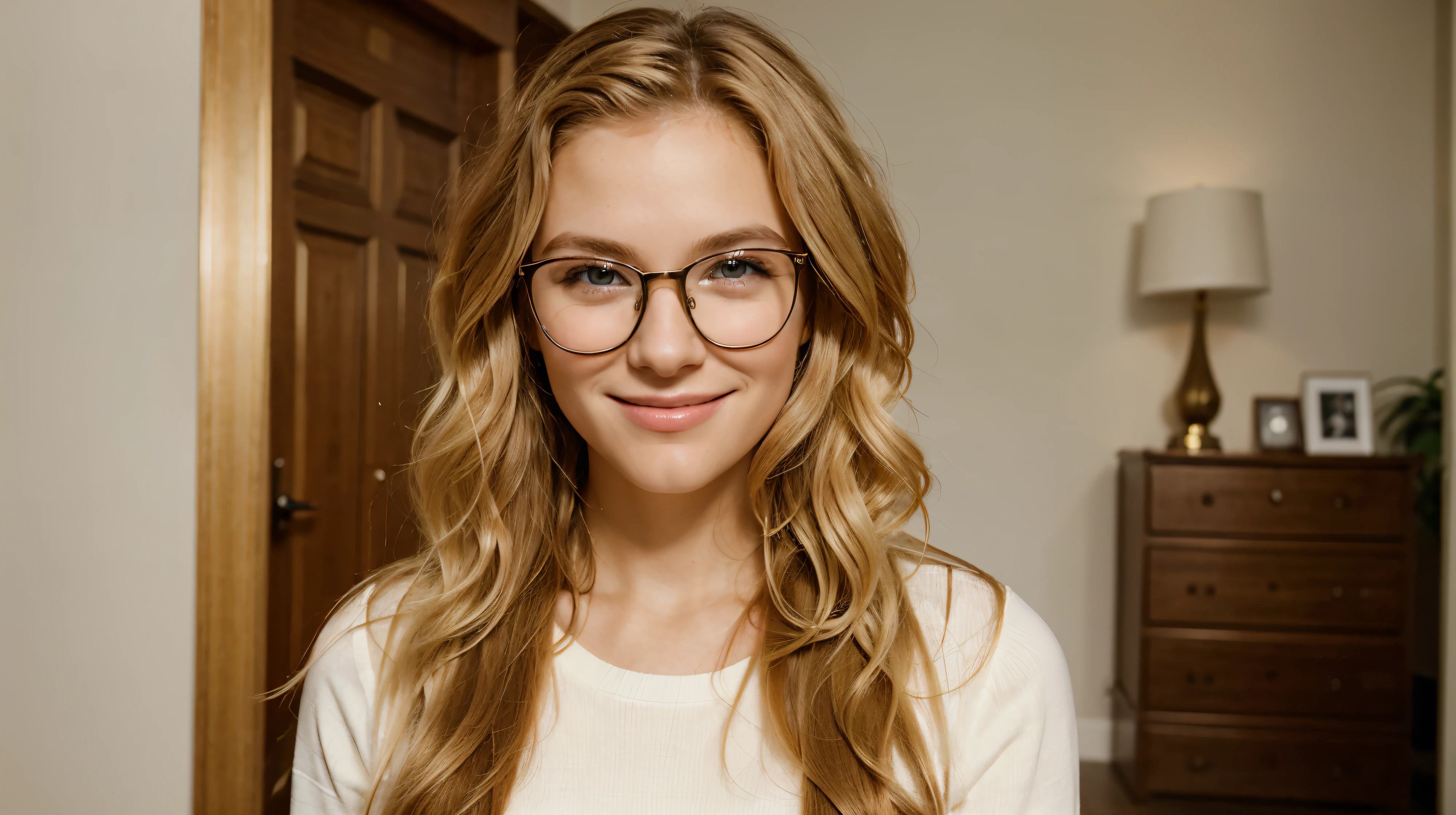 Young adult stylish confident attractive smiling blonde European business woman, beautiful lady pretty model with curly blond hair wearing glasses looking at camera, close up face portrait indoors, copy space