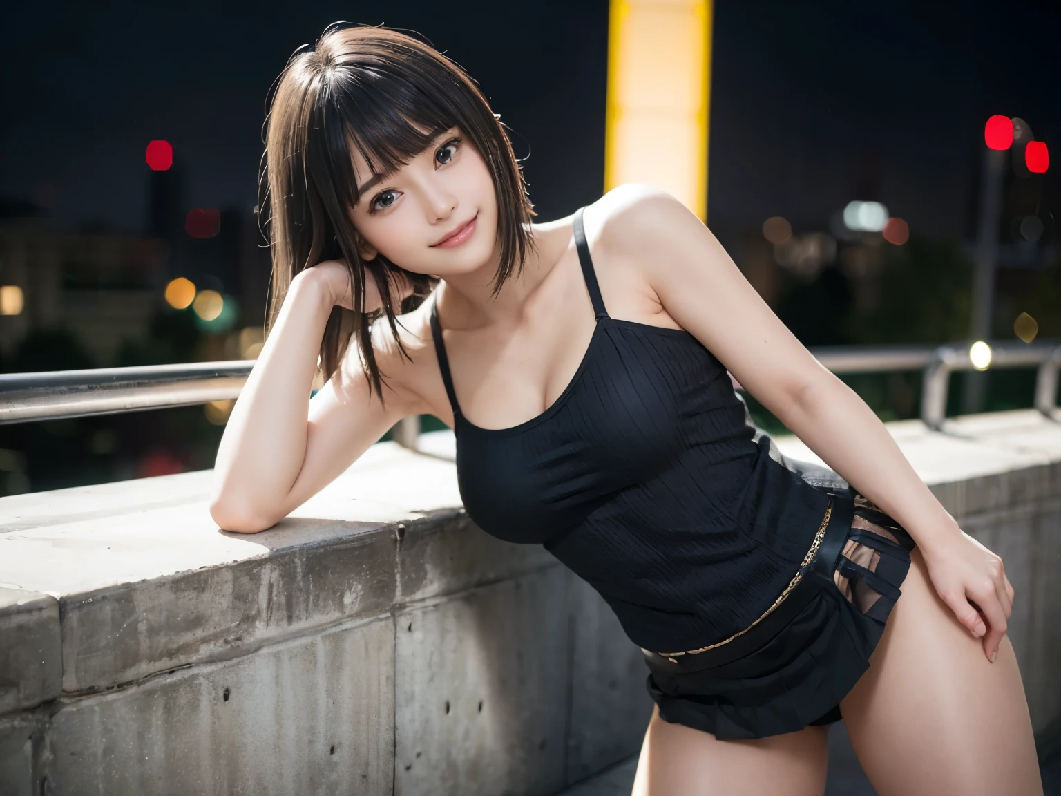 (Realistic: 1.4), (highest quality: 1.4), Ultra-high resolution, (fine grain),Full Body Shot,((Pose for gravure photography)),1. High school girl、Short Cut、(Straight bangs)、,1 girl, Tokyo, night, Cityscape, City lights, Black camisole,Black pleated skirt, smile, (8k, RAW Photos, highest quality, masterpiece: 1.2), (Genuine, photoGenuine: 1.37),smile,Idol,