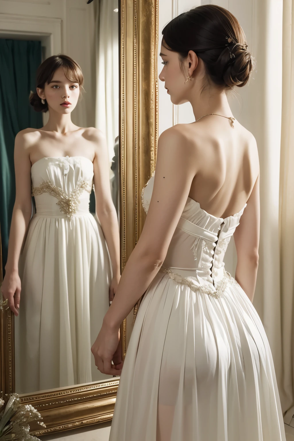 Close up of person wearing dress and mirror, Works inspired by Cecil Beaton, Inspired by Vanessa Beecroft, Tim Walker's Style, Artwork inspired by Cindy Sherman, In the style of Cecil Beaton, Works inspired by Coles Phillips, 1 9 2 0 seconds minimalistic style, Inspired by Balthus, Inspired by Balthus, Nan Goldin's style