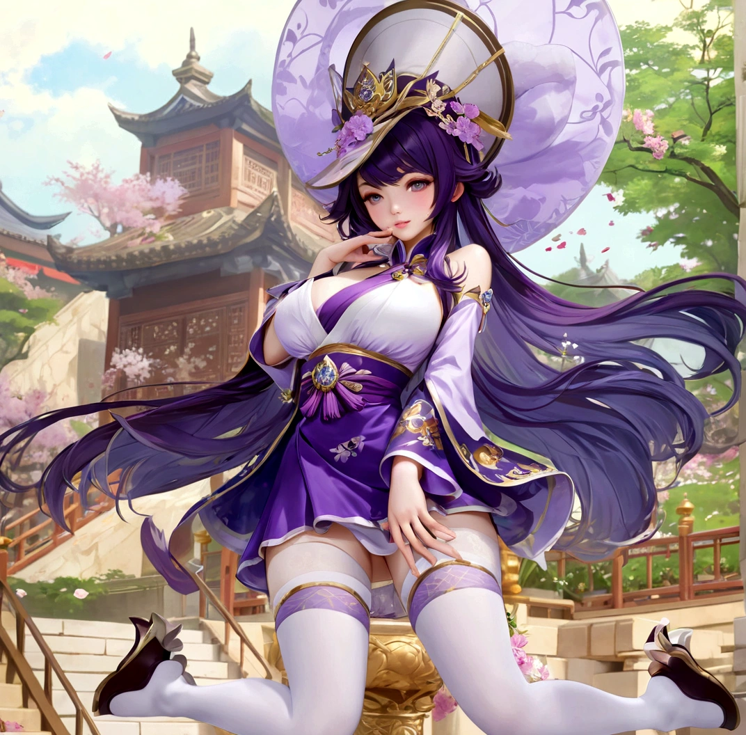 Anime girl in a purple dress and white stockings with a purple hat., Ayaka Genshin Impact, Keqing from Genshin Impact, Kuchart Krenz Key Art Feminine, ((Beautiful Fantasy Empress)), Beautiful Fantasy Empress, Zhongli from Genshin Impact, Non-Binary God of Spring, Onmyoji pictures, Whole Xianxia, big breasts, realistically, Young woman