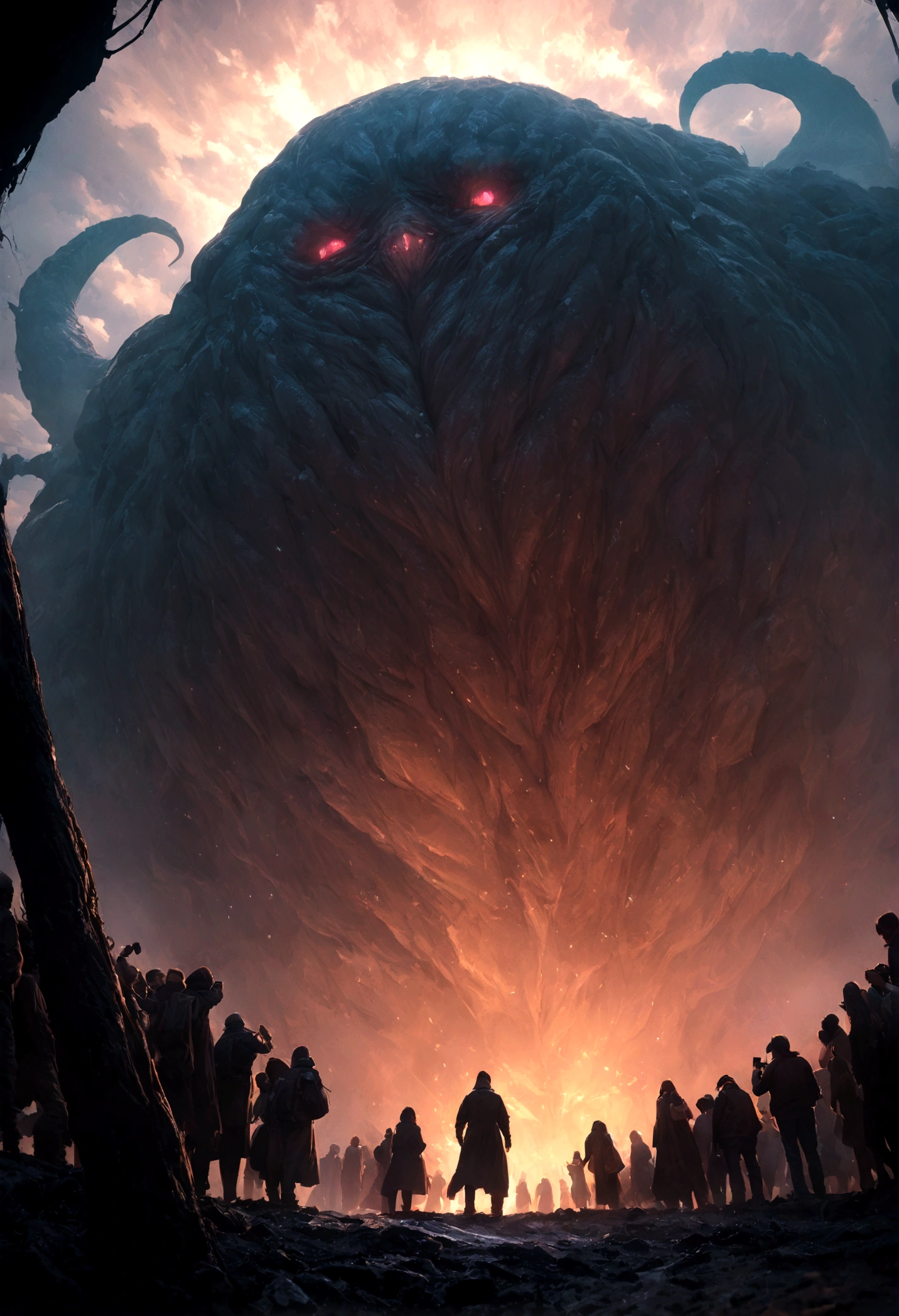 ((masterpiece, highest quality, Highest image quality, High resolution, photorealistic, Raw photo, 8K)), ((people taking pictures of a giant creature with their cell phones:1.5)), lovecraftian background, lovecraftian atmosphere, giant cthulhu, huge creature, gigantic cthulhu, giant ethereal creature, eldritch being, lovecraftian monster, giant tentacles, an ominous fantasy illustration, looming creature with a long, nyarlathotep, lovecraftian landscape, silhouette emerging from the backlight, seen from below,