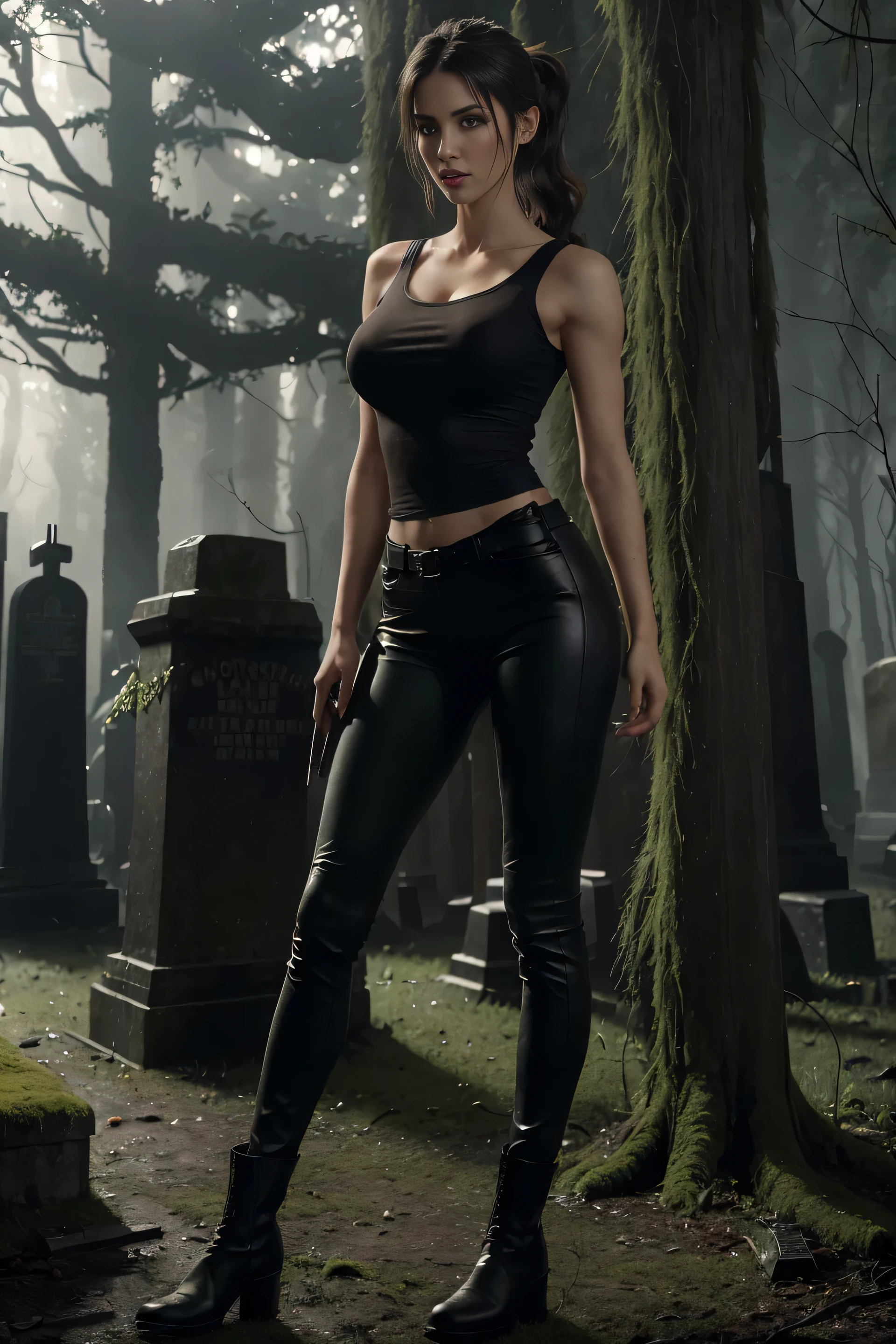 (realistic, photorealistic, photorealistic:1.37 ), horror, dark and gloomy atmosphere with dramatic lighting, Foggy environment, Mossy trees, detailed facial expressions, long wavy hair, Horrible fog, full body lara croft, long brown ponytail, brown eyes, high arched eyebrows, long graceful neck, red lips, large breasts, short tight brown leather pants, pale green sleeveless torn T-shirt, leather boots, in an ancient cemetery overgrown with abandoned plants, standing with his back among the graves, 