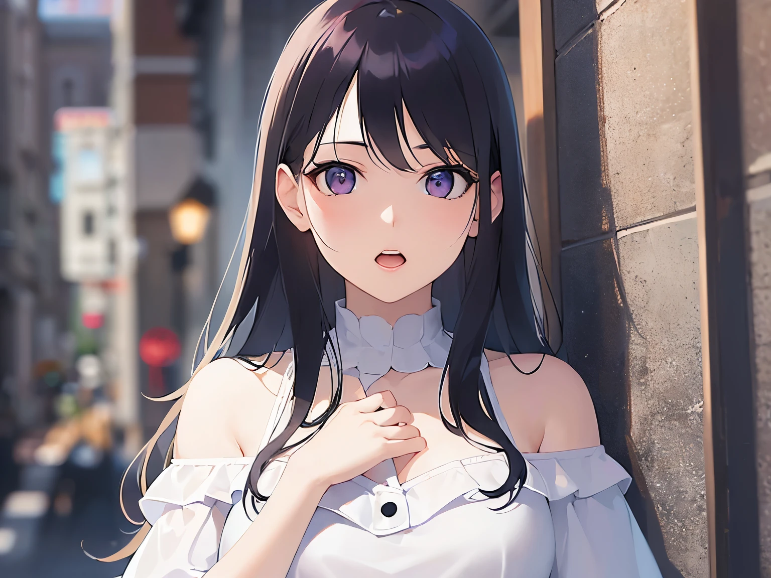 Detailed CG, Ultra-fine illustrations,masterpiece,highest quality, AW Photos,Realistic,Upper Body,BREAK(White Off Shoulder Blouse:1.5)BREAK,(Pale skin:1.2),Shiny skin Shiny Hair,(A 26-year-old woman with straight hair and bangs)and(Medium Hair)and(Black Hair)and(Purple eyes),(surprised:1.3)and(Open mouth),(hand on own chest),(Biologically correct５Fingesurprised)and(missing fingers),The background is inside a coffee shop,alone,dynamic pose,from front,upper body