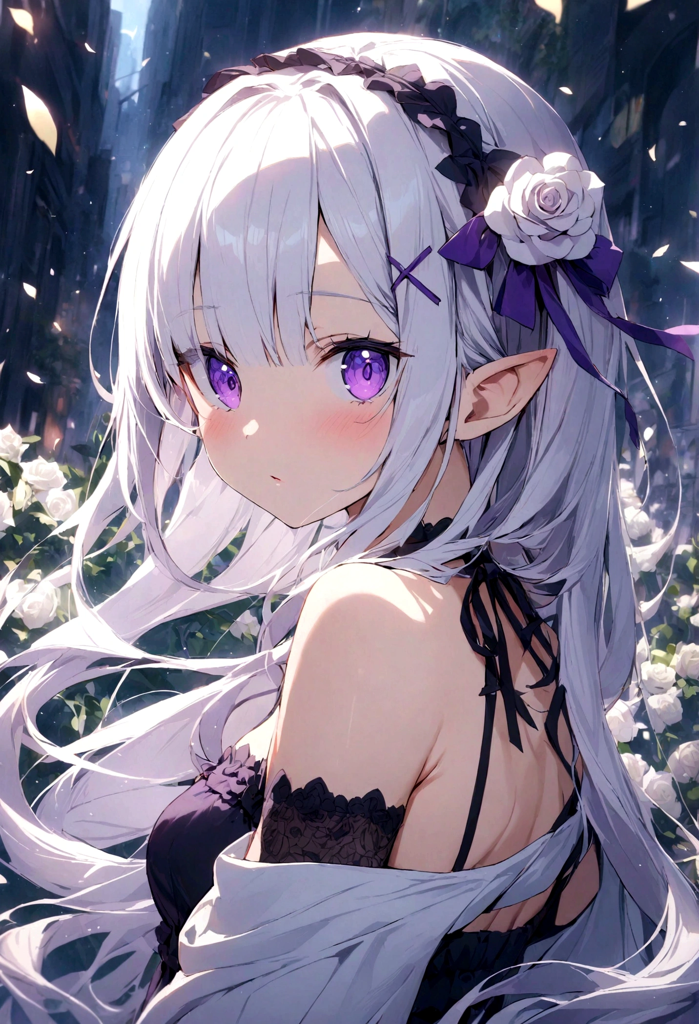 masterpiece, best quality, very aesthetic, absurdres,
emilia_(re:zero), re:zero_kara_hajimeru_isekai_seikatsu,1girl, elf, pointy_ears, white_hair, long_hair, purple_eyes, hair_flower, dress,flower, gem, green_gemstone, hair_ornament, hair_ribbon, purple_ribbon, bare_shoulders, looking_at_viewer, white_flower, rose, white_rose,