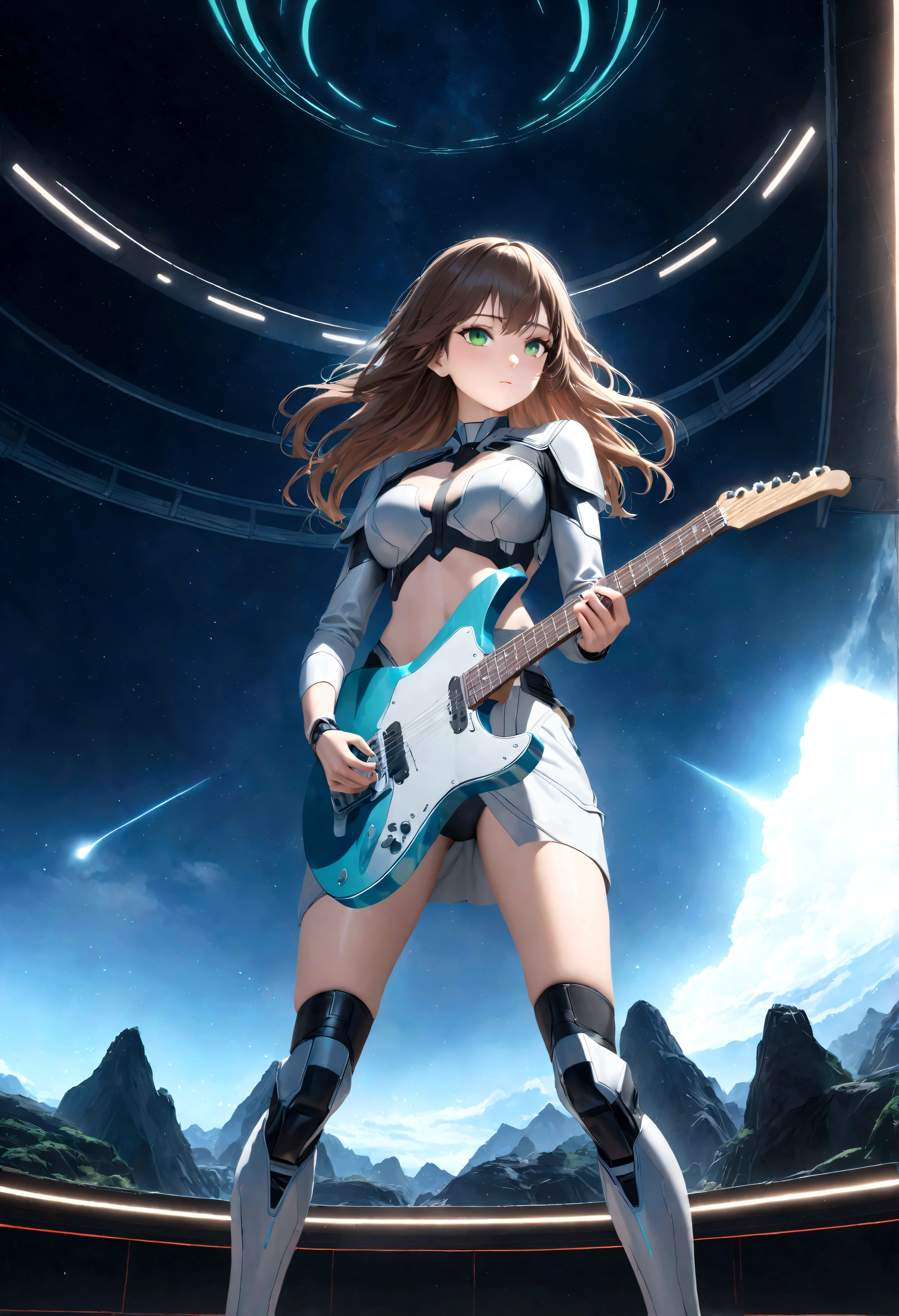 a beautiful young woman with brown hair, striking green eyes, detailed facial features, wearing a shimmering silver and blue sci-fi inspired costume, holding an electric guitar, standing on a neon-lit stage, dramatic sci-fi landscape of Alderaan in the background, powerful and emotional music performance, photorealistic, 8k, best quality, highly detailed
