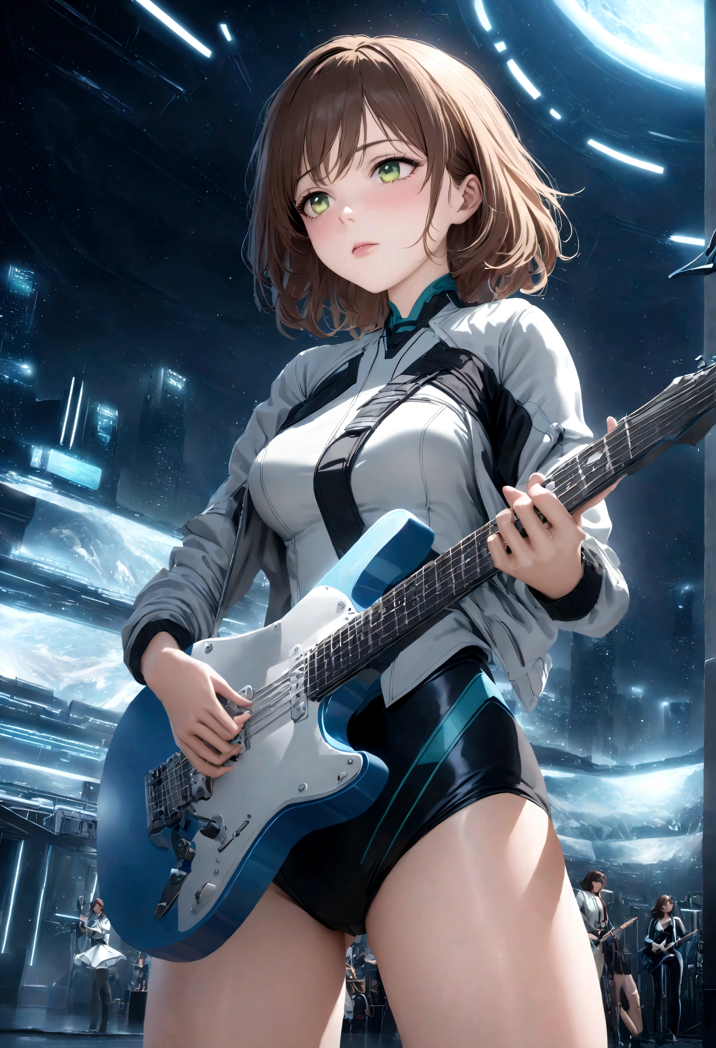 a beautiful young woman with brown hair, striking green eyes, detailed facial features, wearing a shimmering silver and blue sci-fi inspired costume, holding an electric guitar, standing on a neon-lit stage, dramatic sci-fi landscape of Alderaan in the background, powerful and emotional music performance, photorealistic, 8k, best quality, highly detailed