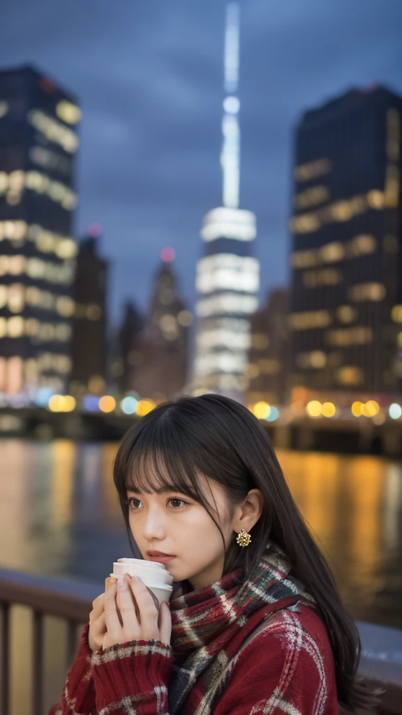 high-definition images, atmospheric perspective, 8k, super detail, accurate, best quality, a woman, see the Manhattan from across the river on Christmas day, winter clothes with Christmas colors, looking away, angle from below, (drooping eyes), (sleepy face), earrings, many people pass, got drunk,