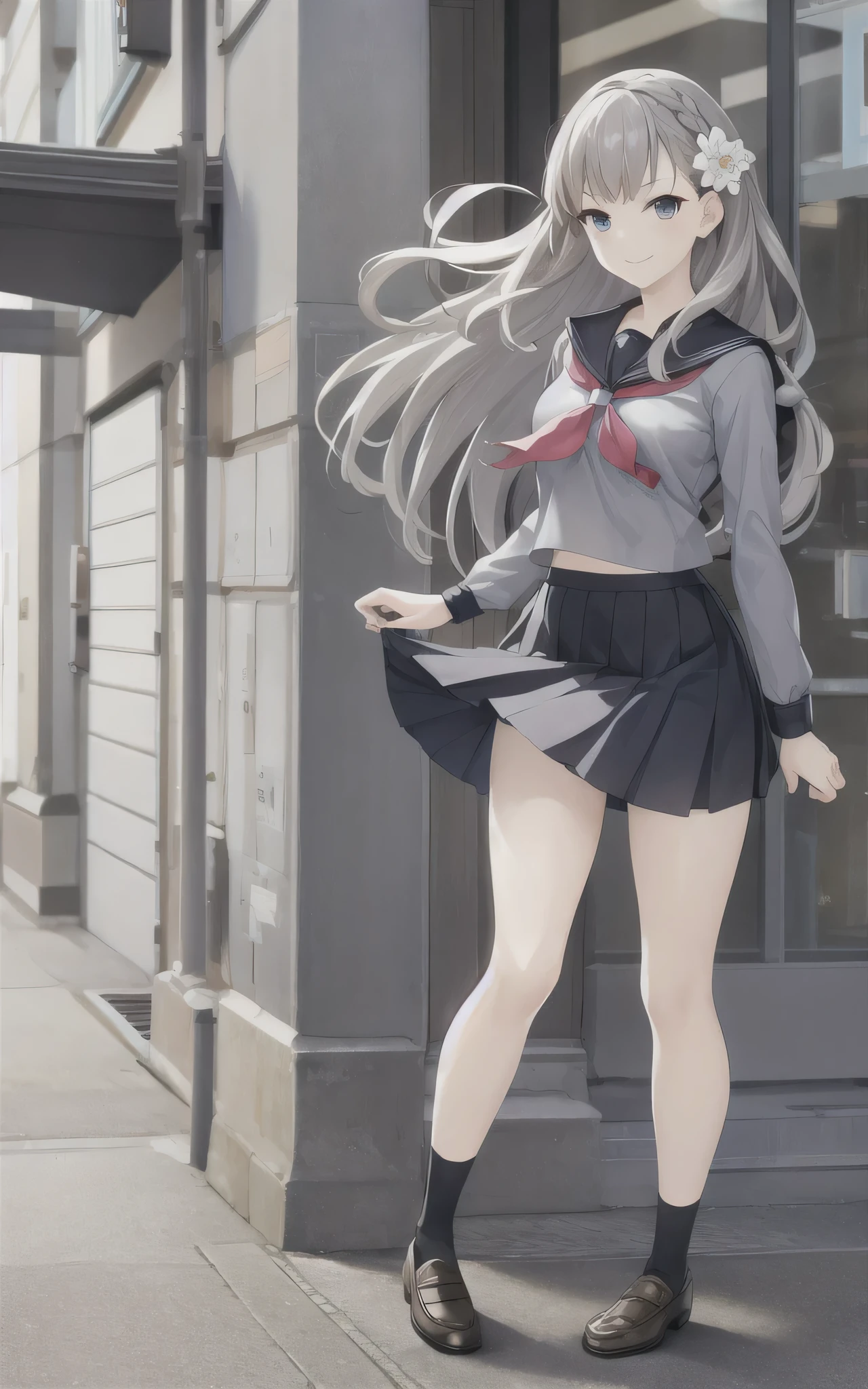 masterpiece, best quality,fuyusaka iori 1, 1girl, solo, hair flower, , hair ornament, flower, skirt, long hair, socks, serafuku, shoes, kneehighs, full body, loafers, pleated skirt, black socks, black skirt, grey hair, white flower, standing, grey eyes, outline, long sleeves, looking at viewer, highly detailed city background, middle breast, smile, shameful face, turn red face, slander, straight legs, straight arms