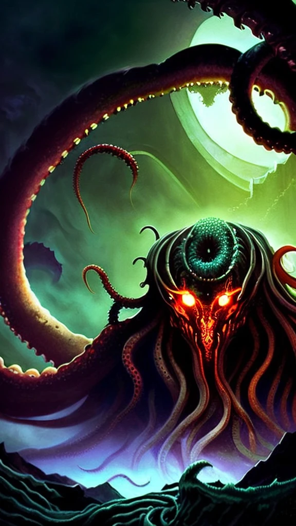 Cthulhu, a dark and twisted eldritch horror, tentacles writhing, cosmic horror, ominous atmosphere, haunting and unsettling, otherworldly being, inhuman anatomy, unnatural proportions, twisted and distorted, abyssal depths, forgotten gods, ancient evil, chaotic and unsettling, eldritch abomination, tentacles emerging from shadows, glowing eyes in the darkness, visceral and disturbing, surreal and nightmarish, nightmarish dreamscape, nightmarish and disturbing, (best quality,8k,highres,masterpiece:1.2),extremely detailed,highly detailed,photorealistic,dark fantasy,horror,occult,dark and gothic,chiaroscuro lighting,moody and atmospheric,muted color palette