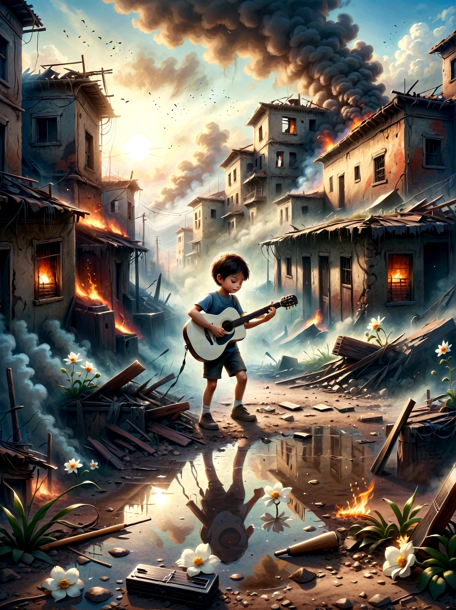 In the midst of war, Smoggy ruins, A child is playing guitar. This scene captures the stark contrast between the devastation of the surroundings and the innocence of the people。 . The ruins are full of rubble and buildings, Background with smoke and flames. The child's expression is very gloomy, Reflects the harsh reality. The overall atmosphere is poignant and touching, Use soft colors and dramatic lighting to emphasize the desolation and hope that the music represents..A small white flower bloomed on the muddy ground