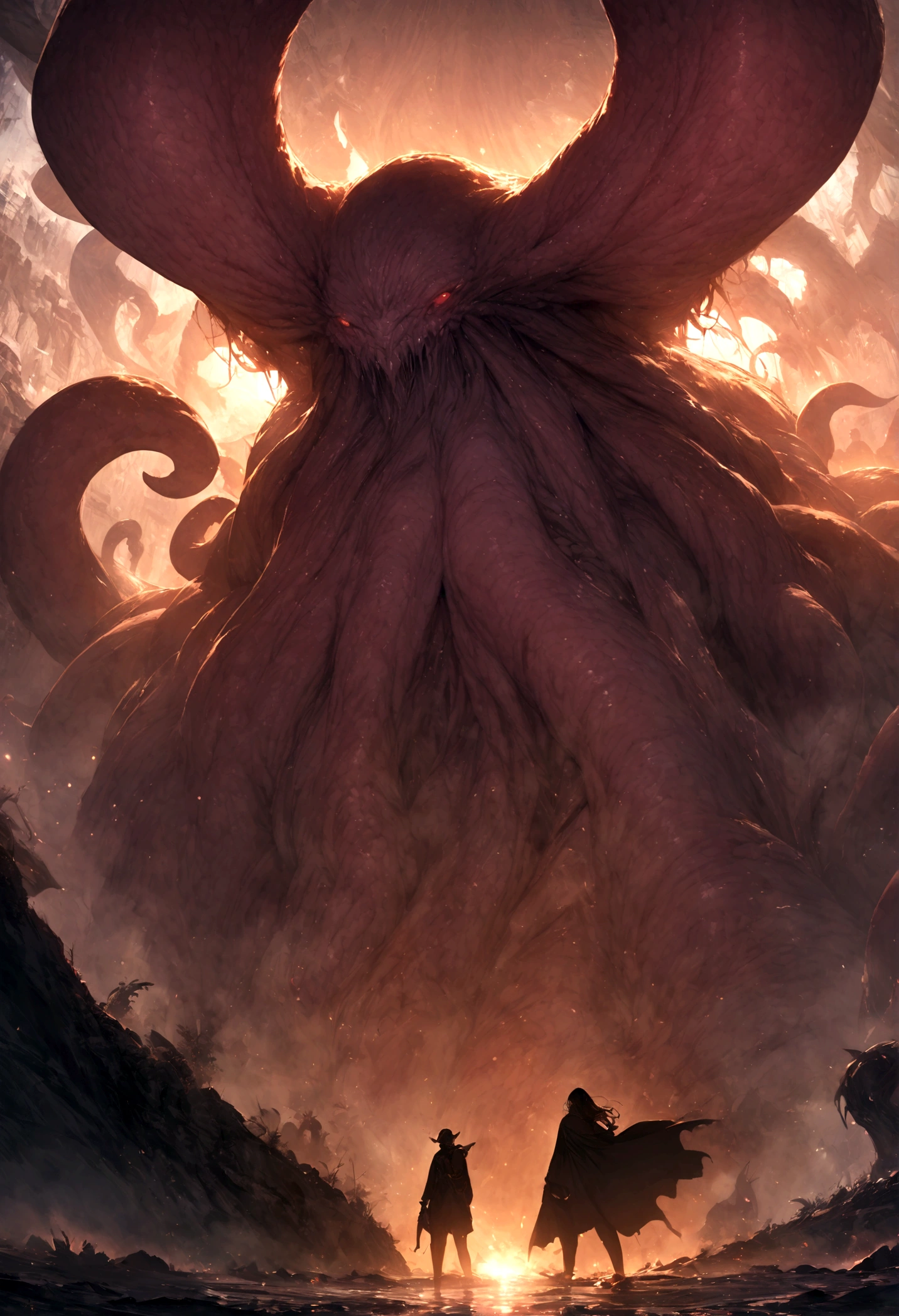 ((Masterpiece, top quality, high resolution)), ((highly detailed CG unified 8K wallpaper)), (huge stunning goddess shot, very hot and sexy, jaw-dropping beauty, perfect proportions, beautiful body, slim body beauty:1.1), ((people taking pictures of a giant creature with their cell phones:1.5)), lovecraftian background, lovecraftian atmosphere, giant cthulhu, huge creature, gigantic cthulhu, giant ethereal creature, eldritch being, lovecraftian monster, giant tentacles, an ominous fantasy illustration, looming creature with a long, nyarlathotep, lovecraftian landscape, silhouette emerging from the backlight, seen from below,