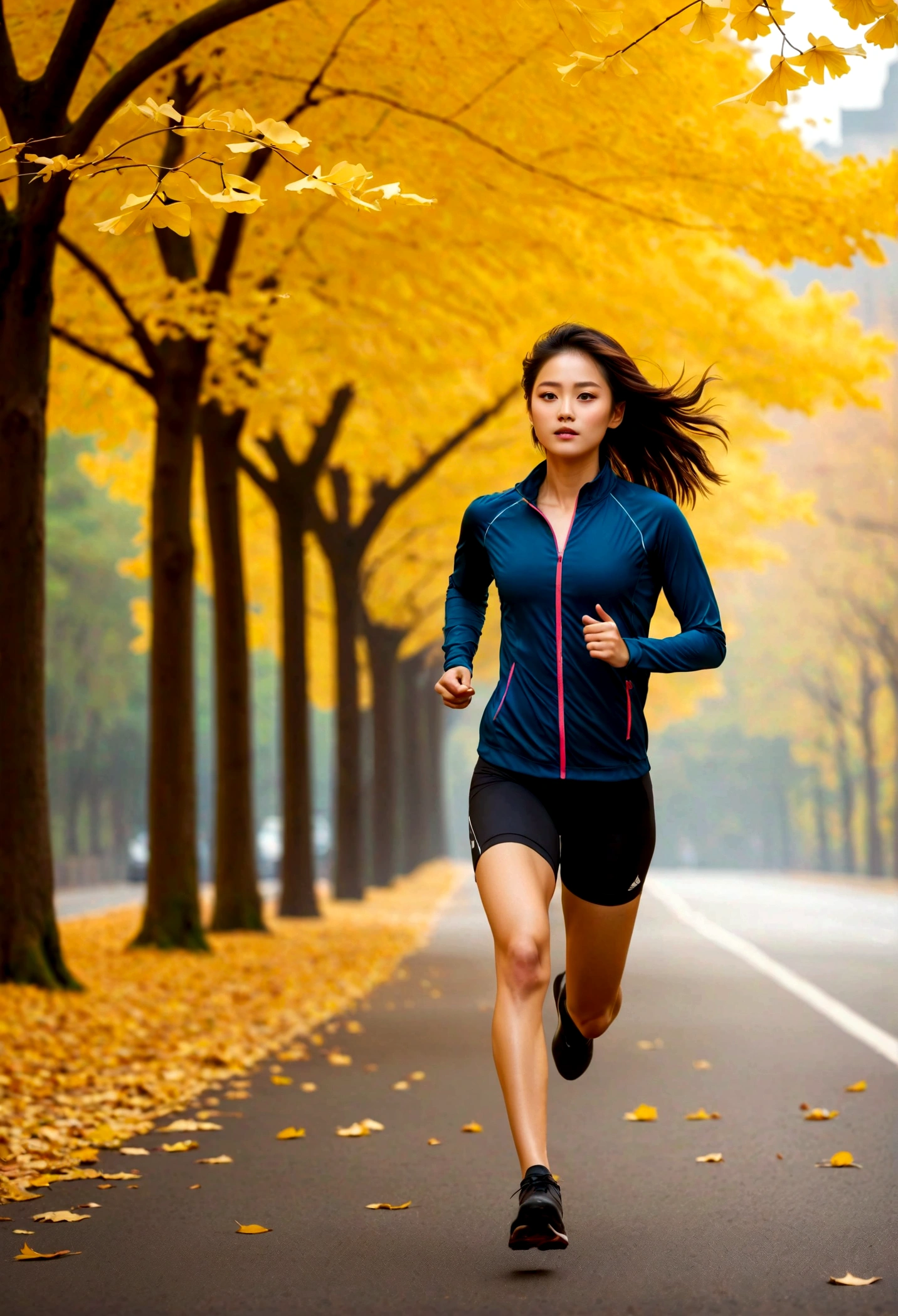 (穿着sports服的酷女孩,sprint):1.2,(best quality,4k,8K,High resolution,masterpiece:1.2),Extremely detailed,(Practical,photoPractical,photo-Practical:1.37),Bright colors,(professional,sports型,sports:1.1),Clear focus,Golden Hour Lighting,autumn colors,Jogging track,Sweating,Full of energy,Active lifestyle,adventure,radiant skin,In good health,Wind blowing through hair,Motion blur,fallen leaves,cityscape background,Ginkgo trees along the road,Confident pace,Vibrant information，Side shot，Best picture quality，Higher quality，High Detail，Ultra-high resolution，8K resolution，masterpiece，
