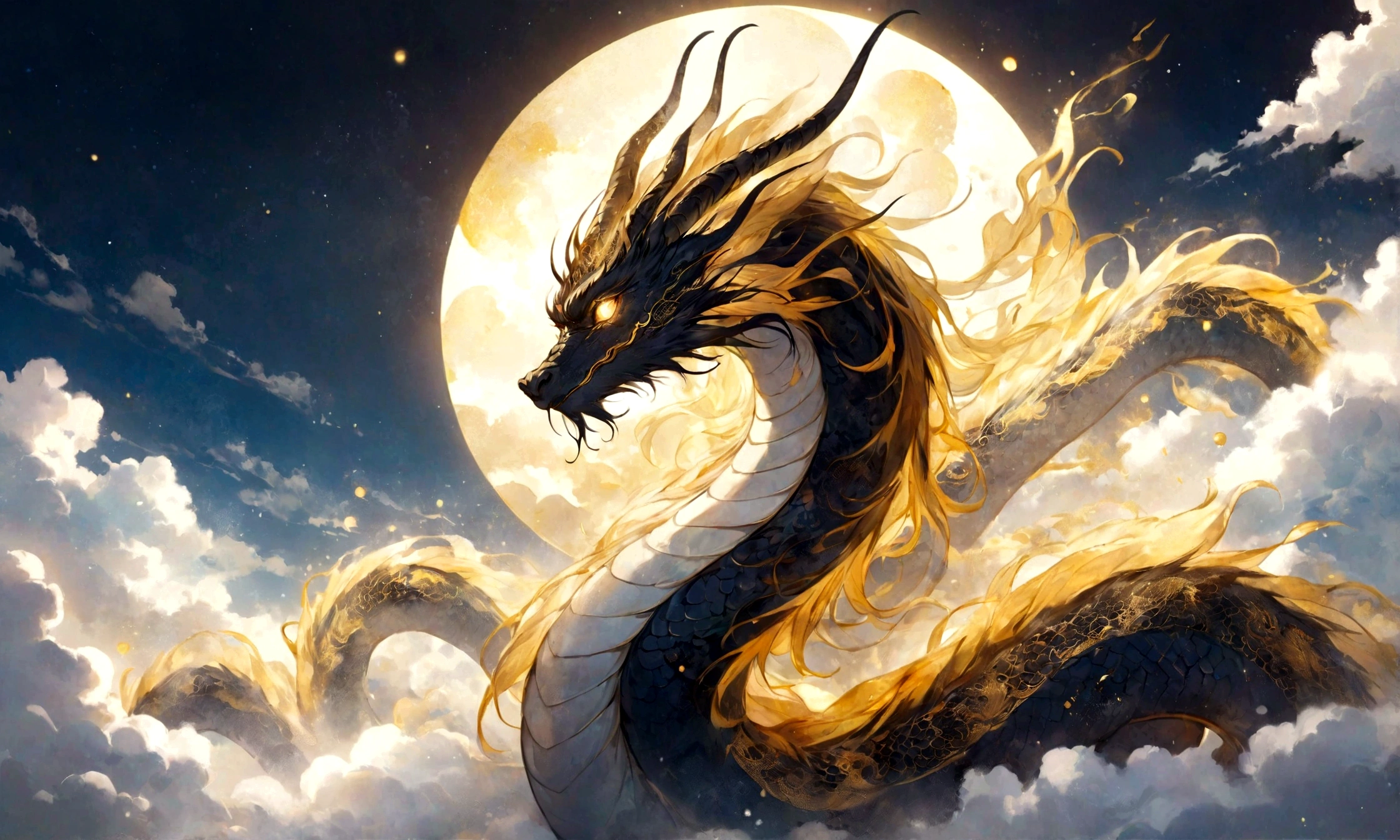 Black Dragon god, gentle gaze, fantastic background, moonlight background, sea of clouds background, golden splashes, mysterious, sacred light, mythical creature, traditional Chinese dragon, mythology, speckled light, hazy haze, mysterious aura, masterpiece, fantastic and graceful dragon, good luck, fantasy art