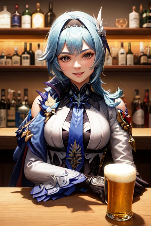 eula lawrence, genshin impact, sentada em uma mesa de bar, bebendo uma caneca de cerveja, sorriso sedutor, olhar sedutor
