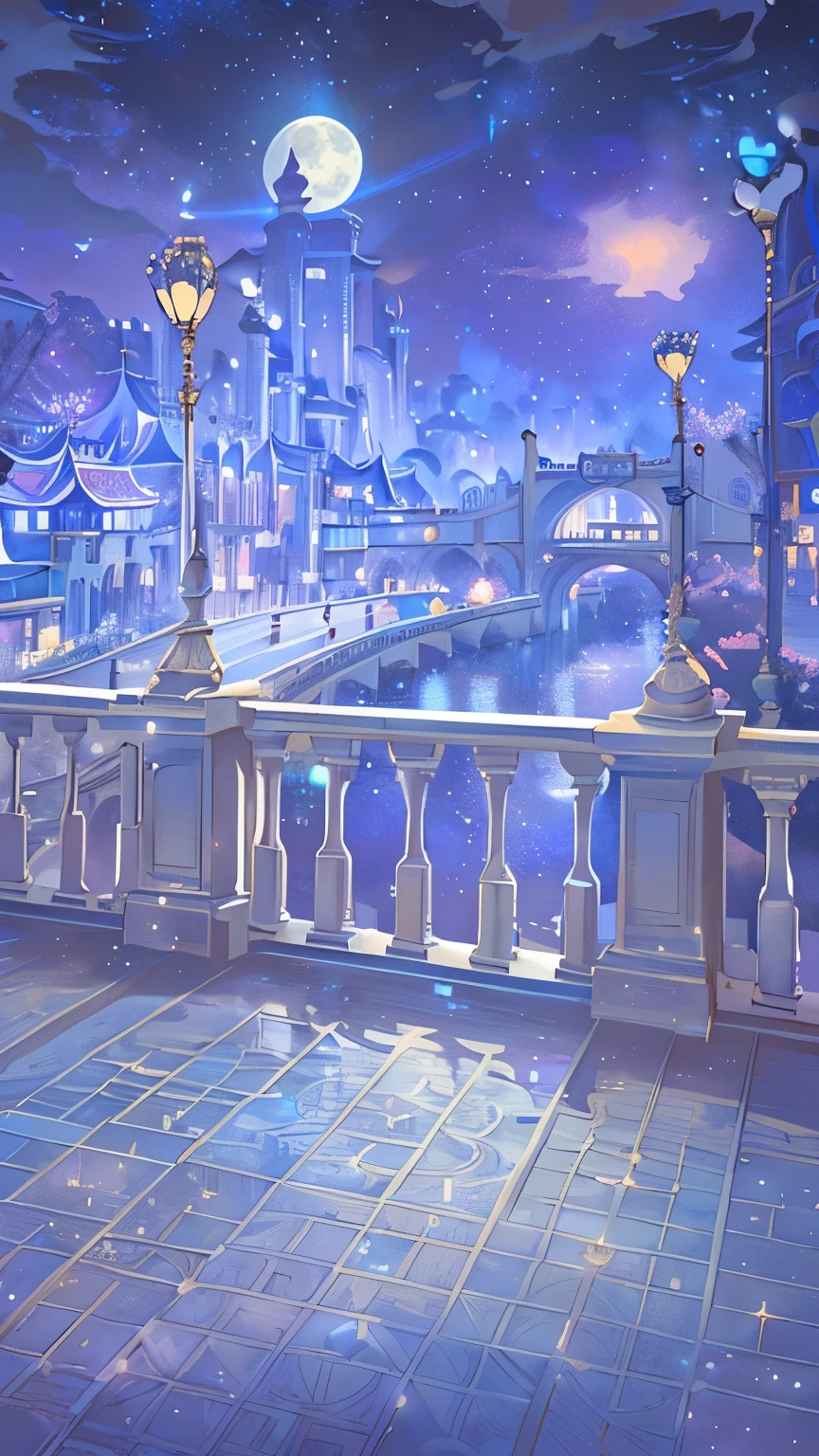A bridge with a full moon in the sky, Palace Background, Background of Fuxing Port City, Stunning mysterious background, Background artwork, Downtown Background, Town Background, Anime Background Art, ballroom background, Random background scenes, Fairy tale style background, Background Art Deco Palace, fantasy city background, Kingdom of Light Background, Royal Garden Background, Starry sky environment under moonlight