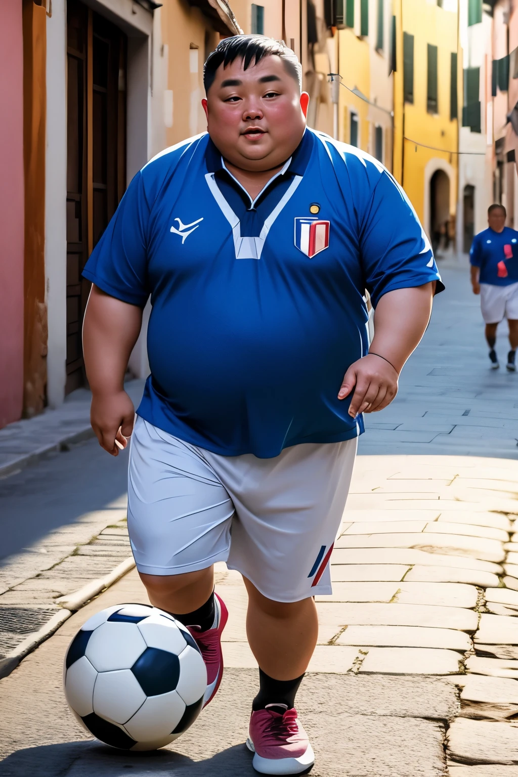 Fat middle-aged Asian man playing soccer in Italy