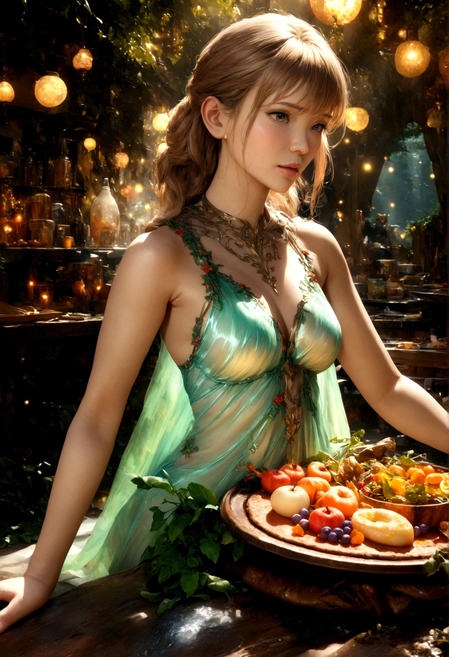 a high fantasy elven kitchen,ivy and flower trim work,a single small fruit on a carving tray,a lovely elven woman in a sexy translucent moon silk dress,best quality,4k,8k,highres,masterpiece:1.2,ultra-detailed,realistic,photorealistic,photo-realistic:1.37,HDR,UHD,studio lighting,ultra-fine painting,sharp focus,physically-based rendering,extreme detail description,professional,vivid colors,bokeh,fantasy,magical,ethereal,glowing
