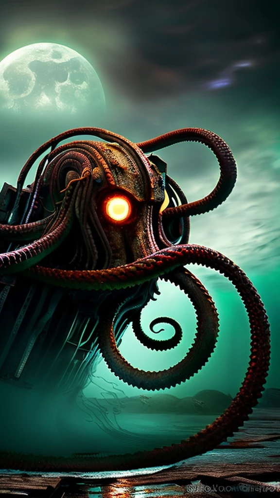 a dark and eerie eldritch horror creature, old god, cthulhu mythos, lovecraftian, dark fantasy, occult, sinister, otherworldly, tentacles, glowing eyes, nightmarish, surreal, twisted, unsettling, macabre, gothic, moody, atmospheric, dramatic lighting, muted colors, deep sea, underwater, shipwreck, abandoned, crumbling, weathered, (best quality,4k,8k,highres,masterpiece:1.2),ultra-detailed,(realistic,photorealistic,photo-realistic:1.37)