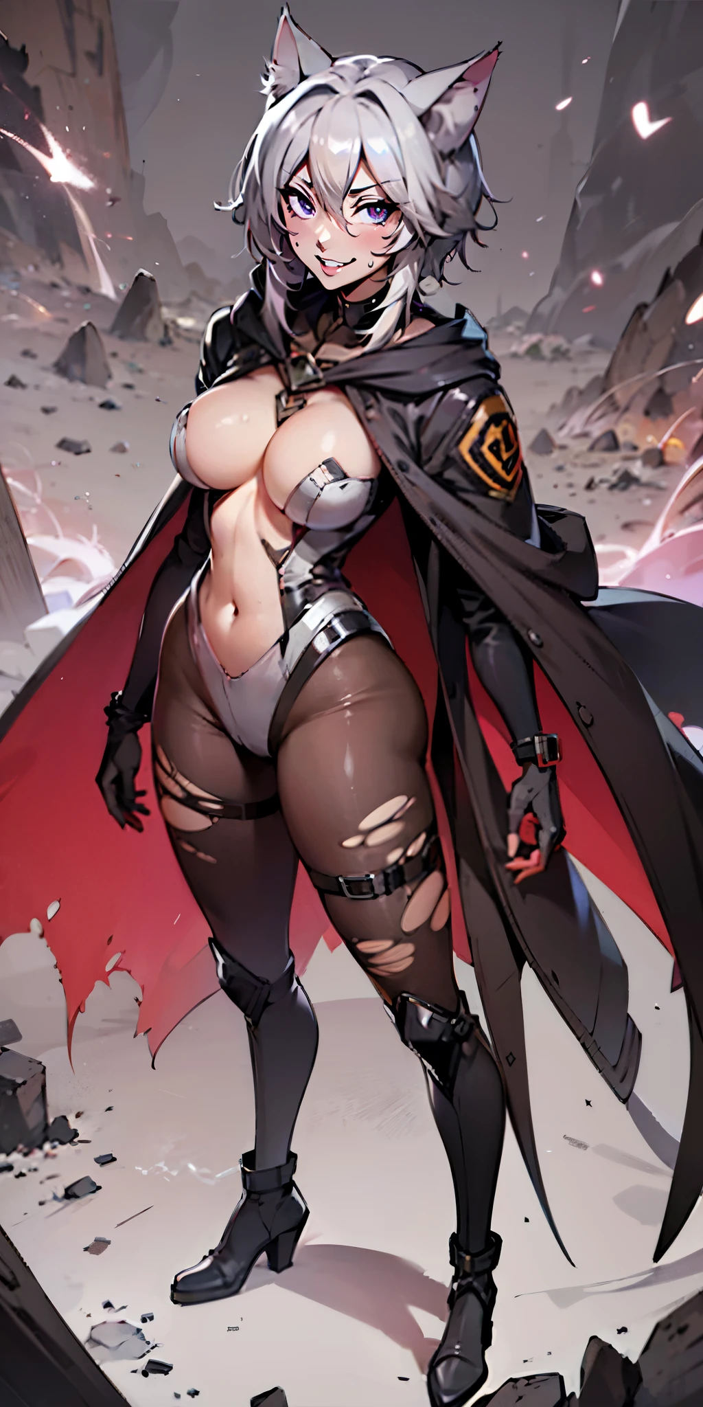 zeta_eminence, cat ear, (silver hair:1.3), short hair, torn_clothes, 1girl, torn_legwear, breasts, leotard, looking_at_viewer, ruin, rock, light particles, bokeh solo, smile, hood, standing, large_breasts, covered_navel, hood_up, full_body, cloak, gloves, black_leotard, bodysuit, boots, black_footwear, pantyhose, open jacket, navel, glowing, high_heels, science_fiction, short_hair, bodystocking, hollow eyes, smirk, upper teeth, purple eyes, looking at viewer, sweating, 