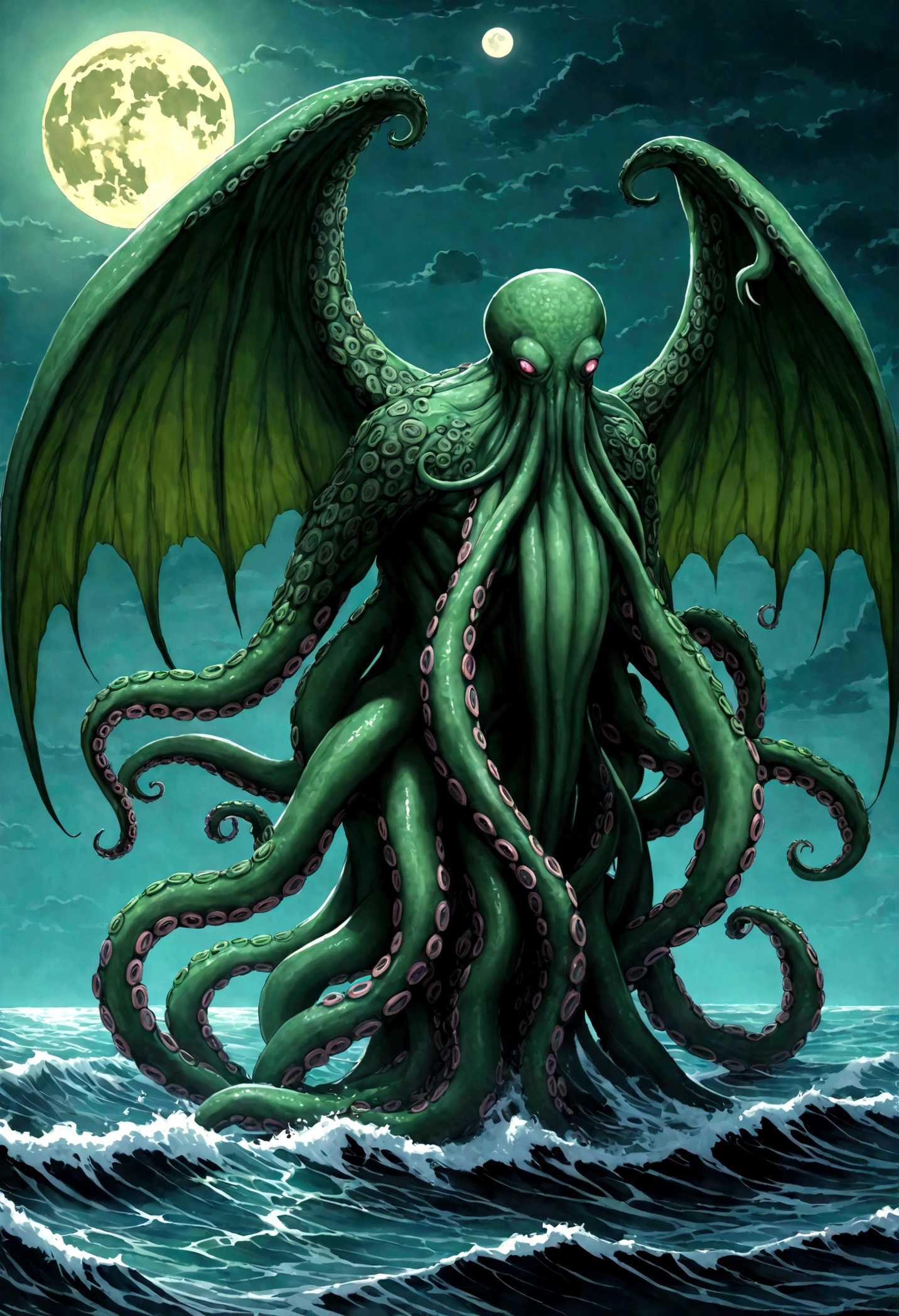 Cthulu (huge powerful humanoid, green skin, octopus like head with many tentacles, enormous leathery wings)rises from the sea, full moon