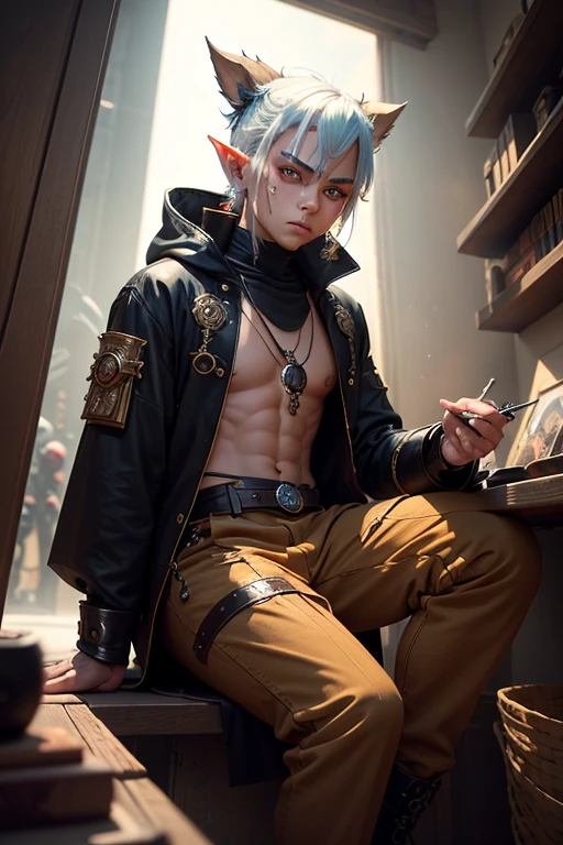 niji mode, ancient fantasy setting mixed with steampunk, a young dwarf elf with orange skin, pierced pointed ears, a mechanical arm, a platinum crew cut displays a piercing gaze and a confident demeanor.  Adorned in a two-piece fusion outfit, perfectly blending Western and Eastern influences, he wears a comfortable dark t-shirt paired with a vibrantly colored jacket.  The bottom half features loose-fitting white utilitarian pants, and its long, chunky boots echo through the hallways of a retro-futuristic architectural landscape.  The overall aesthetic captures the essence of a refined and mature anime-inspired rogue, face with red tribal face paint, extremely detailed glowing gradient eyes, ultra-fine painting, exquisite and mature, Anatomically correct, creativity, Natural light, Cinematic magic lighting, best shadow , Work of art, art book, Studio ghibli, metal hurlant, moebios.