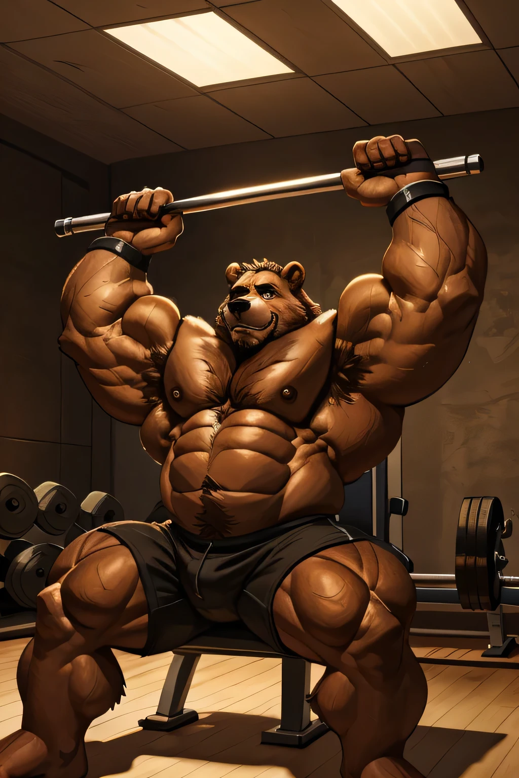 (best quality, 4k, highres, masterpiece:1.2), 1bear, 1boy, ultra-detailed, fury, furry art (realistic, photorealistic, photo-realistic:1.37), massive muscular, huge muscular, chubby Grizzly bear, working out, incline bench press, workout in the gym, pumping his huge pectoral muscles, straining, sweating, black shorts and black wristbands, lifting heaviest weight, barbells, gym equipments, brown hair, thick brown fur, super thick arms, super big pectoral, super wide hairy pectoral, topless, shirtless, eyebrows, impressive brown beard, strong jawline, kind eyes, strong arms, proud posture, well-built physique, professional lighting and backdrop, intense shadows, vibrant colors, dramatic composition, gritty texture, vintage aesthetic, dynamic perspective. Add textures and details to make the image more realistic, such as the appearance of the body built muscles texture and the appearance of the brown fur, pumping up