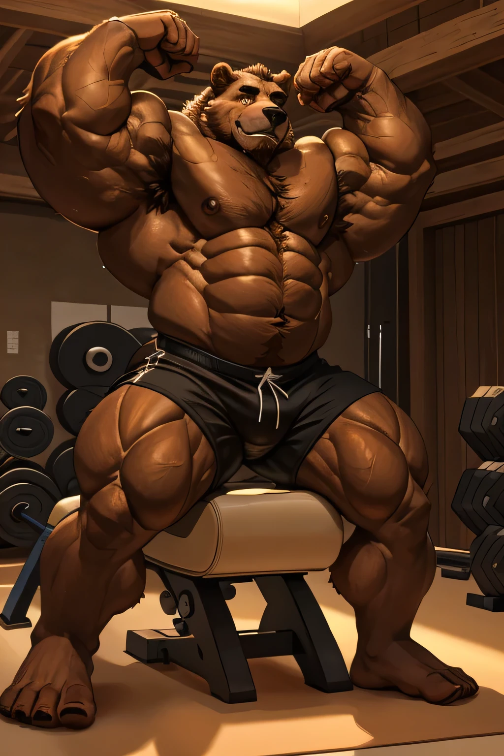 (best quality, 4k, highres, masterpiece:1.2), 1bear, 1boy, ultra-detailed, fury, furry art (realistic, photorealistic, photo-realistic:1.37), massive muscular, huge muscular, chubby Grizzly bear, working out, incline bench press, workout in the gym, pumping his huge pectoral muscles, straining, sweating, black shorts and black wristbands, lifting heaviest weight, barbells, gym equipments, brown hair, thick brown fur, super thick arms, super big pectoral, super wide hairy pectoral, topless, shirtless, eyebrows, impressive brown beard, strong jawline, kind eyes, strong arms, proud posture, well-built physique, professional lighting and backdrop, intense shadows, vibrant colors, dramatic composition, gritty texture, vintage aesthetic, dynamic perspective. Add textures and details to make the image more realistic, such as the appearance of the body built muscles texture and the appearance of the brown fur, pumping up