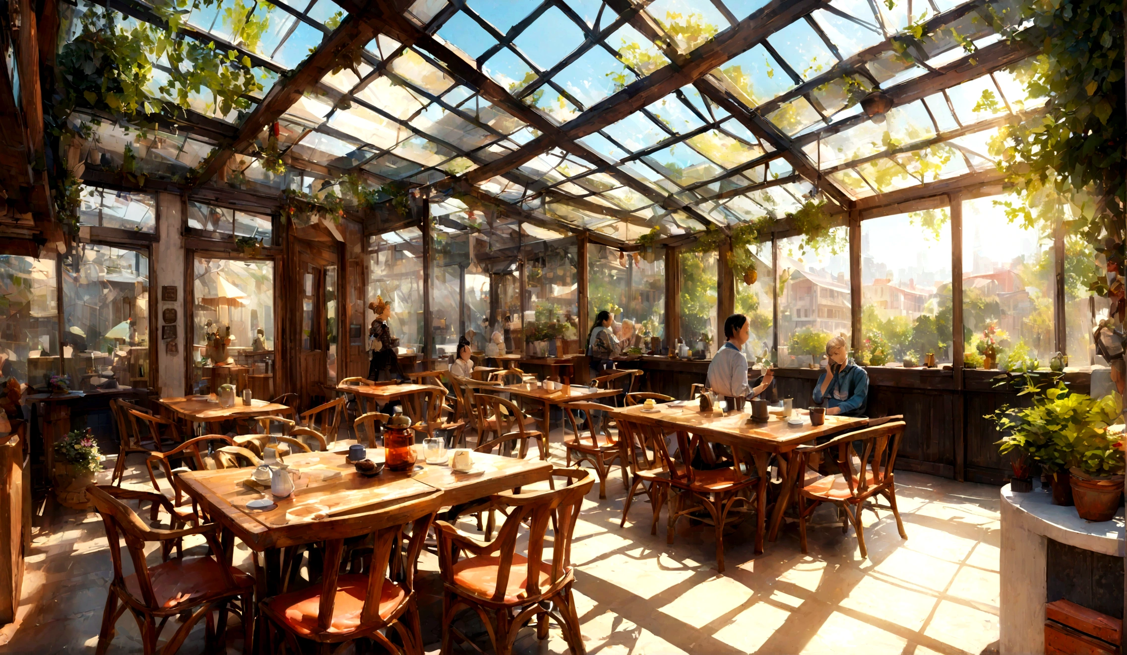 Coffee, Glass roof, Strong outdoor sunlight, restaurant, architecture, modernism, Super realistic design,  wood, Chair, table, Open View, colorful,  iDigital, figure, peaceful, beautiful, comfortable