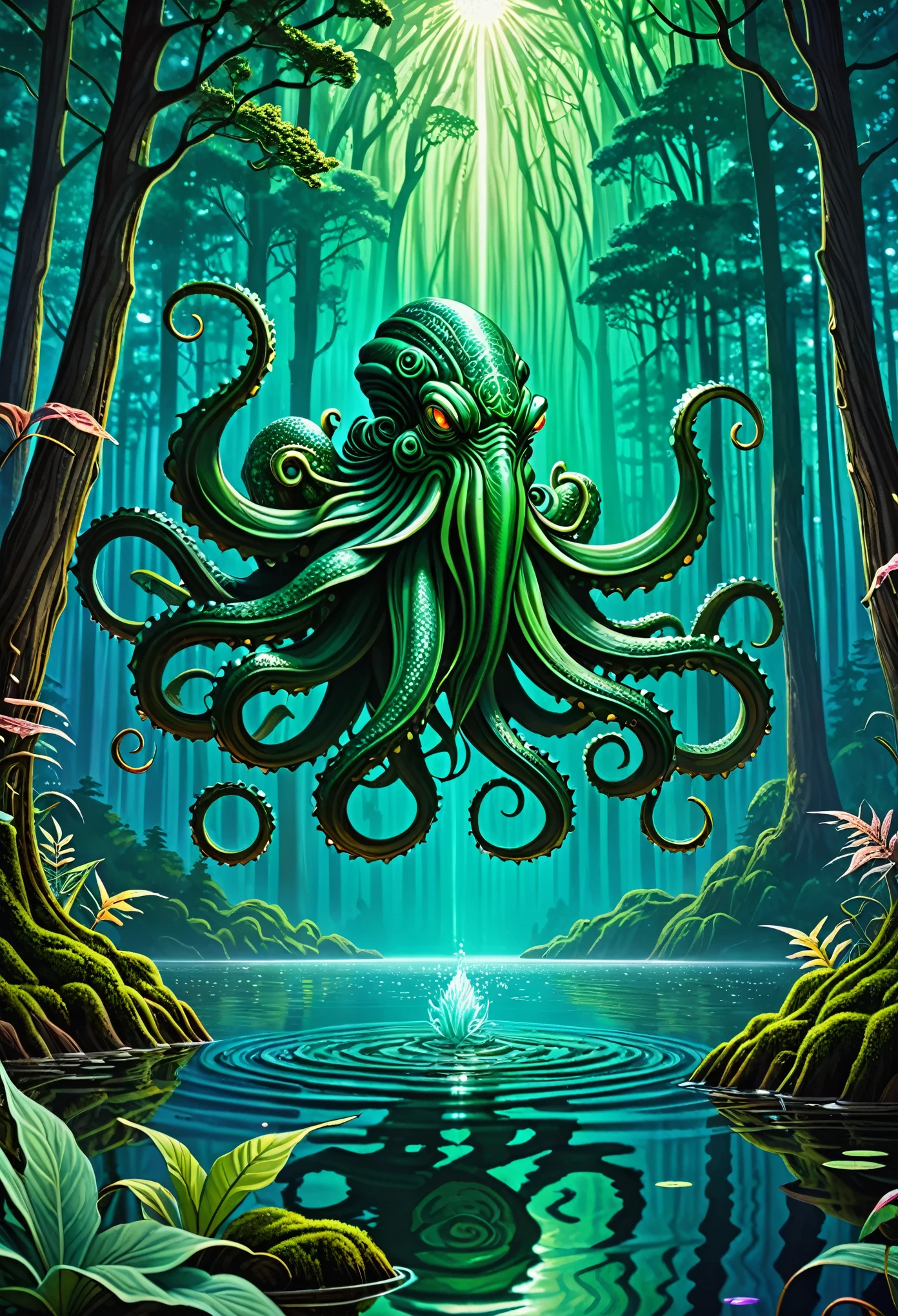 best quality, super fine, 16k, extremely detailed, 2.5D, delicate and dynamic, Cthulhu, floating on a forest lake, iridescent effects