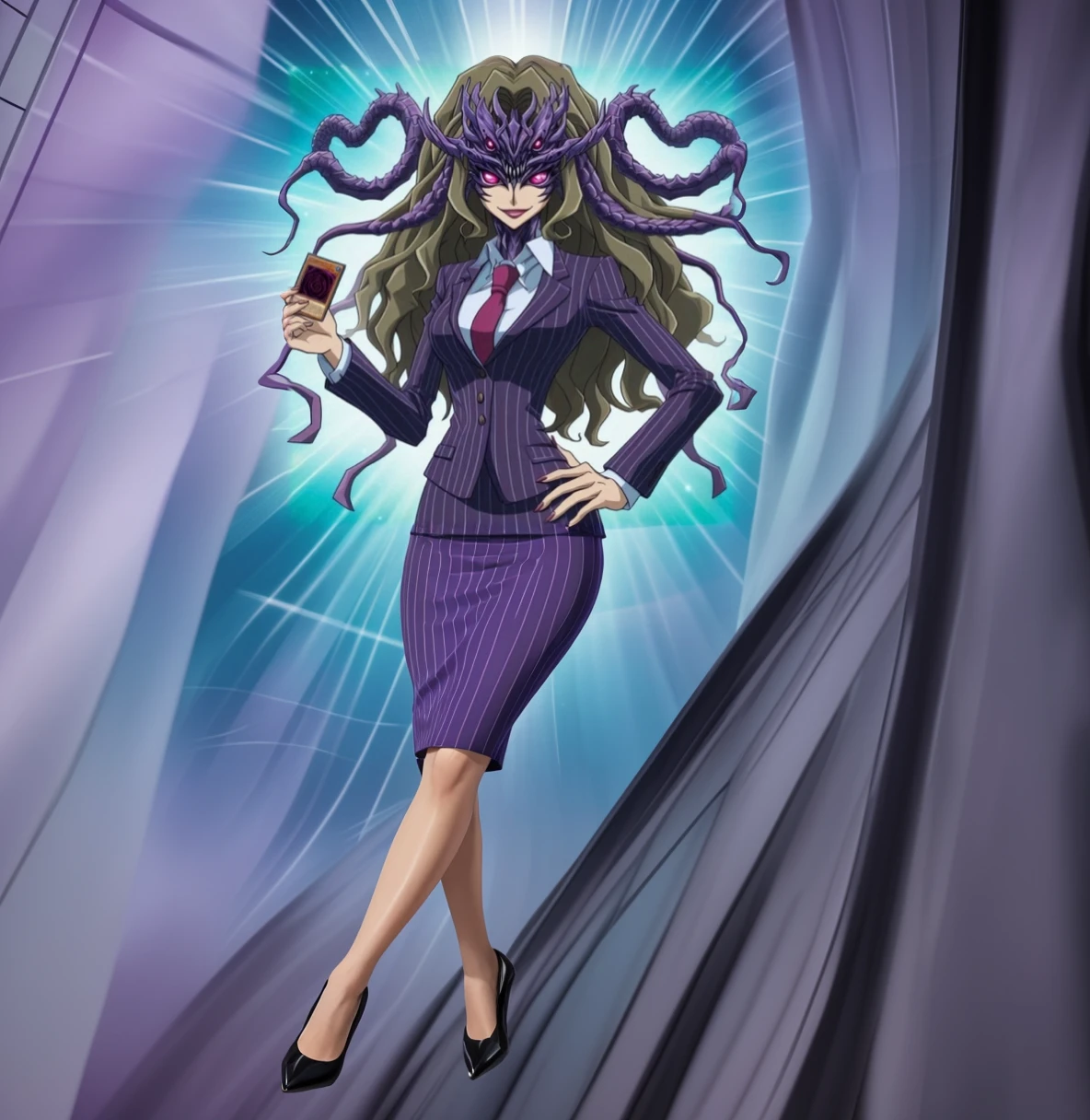 Business woman in a purple pinstriped skirt suit