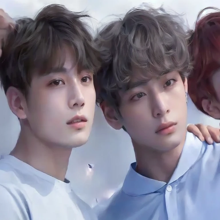 a close-up of three young men with short hair and blue shirts, inspired por Yanjun Cheng, fanart oficial, yanjun chengt, por Yanjun Cheng, cai xukun, obra de arte al estilo de guweiz, fanart de alta calidad, & jee hyung lee & Oh!, retrato de alta calidad, ✏️🎨, inspirado en jeonseok lee, Muchachos guapos