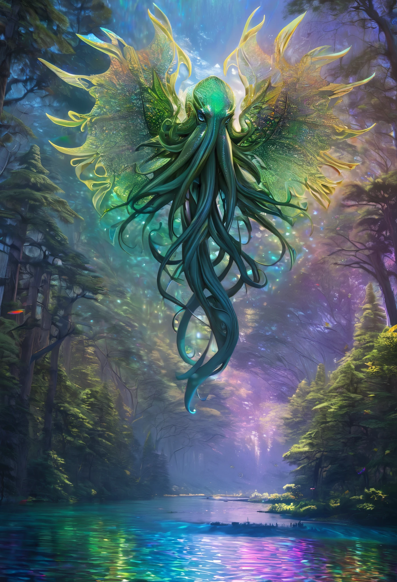 best quality, super fine, 16k, extremely detailed, 2.5D, delicate and dynamic, Beautiful Cthulhu Goddess, floating on a forest lake, iridescent effects