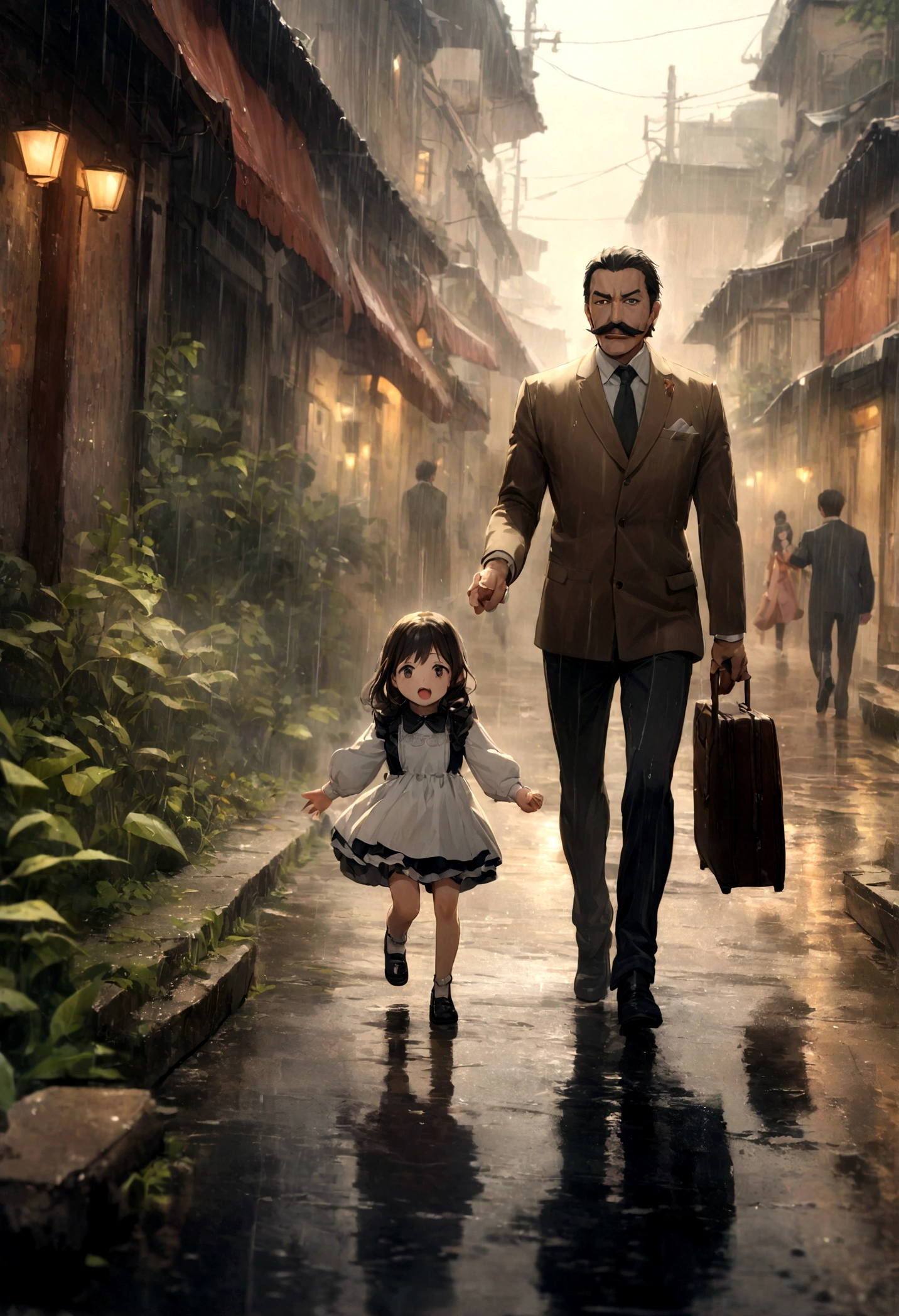 50 years old，Hidetoshi Nakata ，（Kogoro Mouri 1.3), man clasped hand with daughter (beautiful girl), tong, mustache, little beard, one man and one girl only, 7 years old daughter, walking on rain, rain background, cinematic picture, photograph, super details, wallpaper picture, fantastic, masterpiece, 4k hd, 8k hd