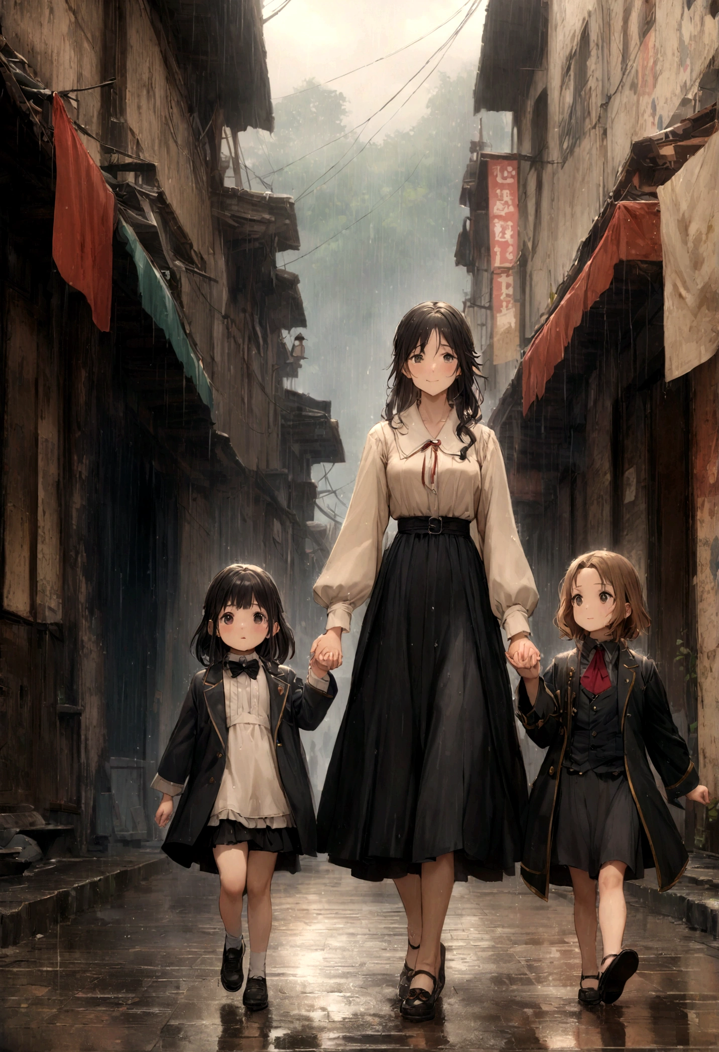 50 years old,Hidetoshi Nakata ,(Kogoro Mouri 1.3), man clasped hand with daughter (beautiful girl), tong, mustache, little beard, one man and one girl only, daughter, walking on rain, rain background, cinematic picture, photograph, super details, wallpaper picture, fantastic, masterpiece, 4k hd, 8k hd