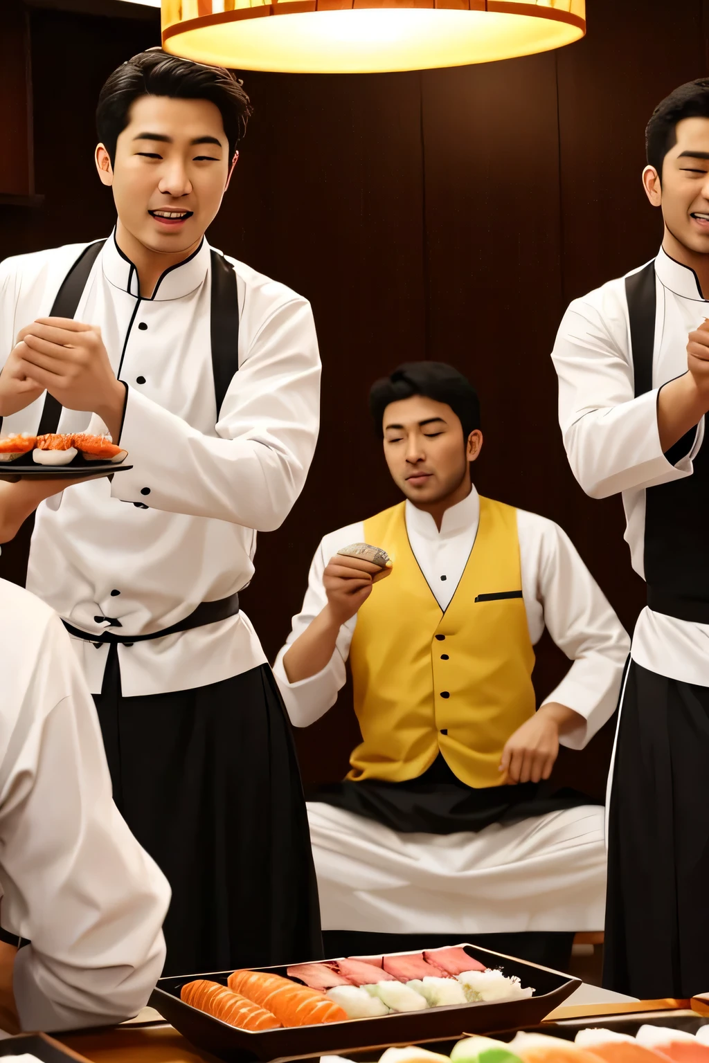 Sleep-deprived men eat sushi while dancing in Arab city