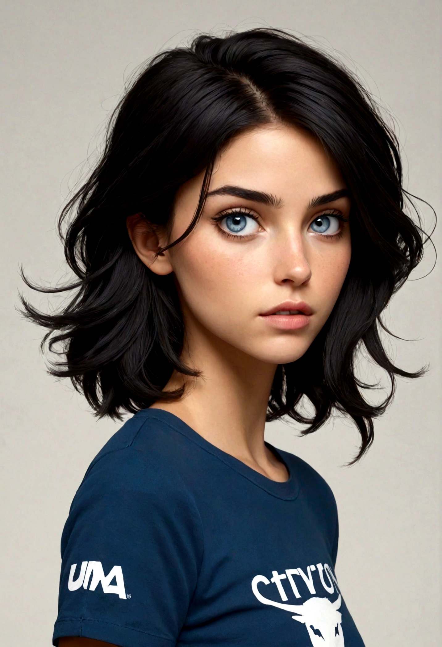 a woman in a camiseta preto and short jeans blue, uma pintura , minimalismo,tenis branco,cabelo escuro, penteado rabo de cavalo logo, ajuste figura delicada, modelo com corpo atraente,olhos tristes, olhos escuros, olhos castanhos, corpo perfeito e proporcional, tired face expression, corpo cheio e extremamente magro, frontal completa, standing,