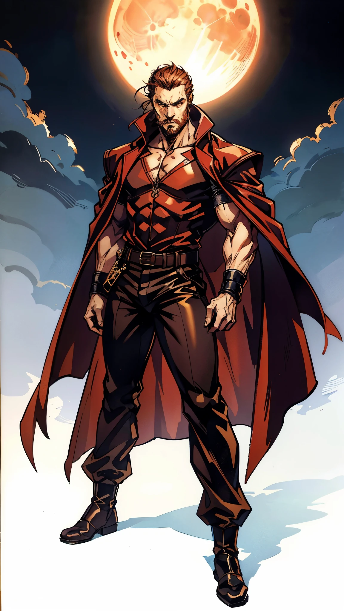 A 50-year-old man with slicked-back reddish-brown short hair, a large beard covering the lower half of his face, piercing eyes, handsome features, an open dark red fantasy martial arts-style robe coat, flowing short sleeves, a black and white undershirt, matching cloth trousers, a metal belt buckle, he exudes a dark red aura of death, strides down a desolate and silent moonlit street, this character embodies a finely crafted fantasy martial arts-style overlord in anime style, exquisite and mature manga art style, dramatic, high definition, best quality, highres, ultra-detailed, ultra-fine painting, extremely delicate, professional, perfect body proportions, golden ratio, anatomically correct, symmetrical face, extremely detailed eyes and face, high quality eyes, creativity, RAW photo, UHD, 32k, Natural light, cinematic lighting, masterpiece-anatomy-perfect, masterpiece:1.5