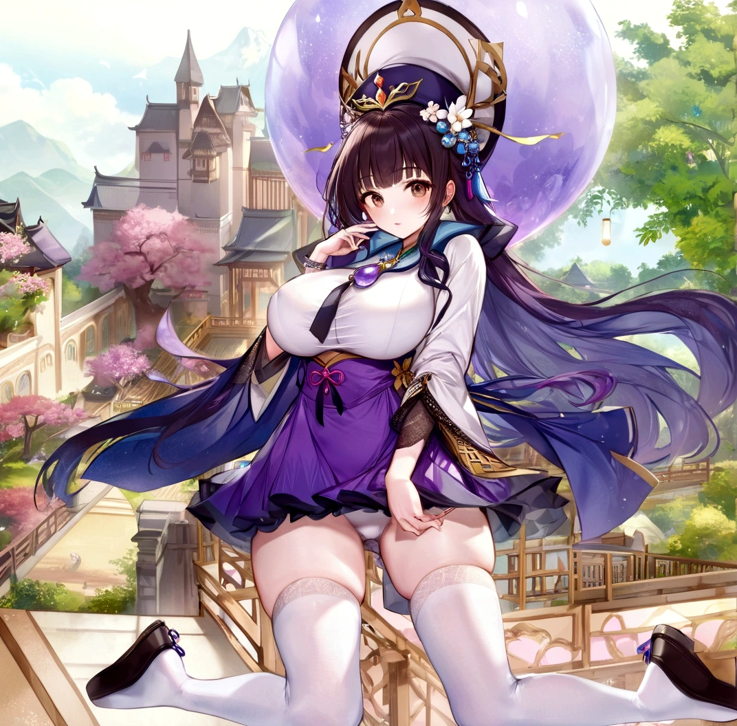 Anime girl in a purple dress and white stockings with a purple hat., Ayaka Genshin Impact, Keqing from Genshin Impact, Kuchart Krenz Key Art Feminine, ((Beautiful Fantasy Empress)), Beautiful Fantasy Empress, Zhongli from Genshin Impact, Non-Binary God of Spring, Onmyoji pictures, Whole Xianxia, big breasts, realistically, Young woman