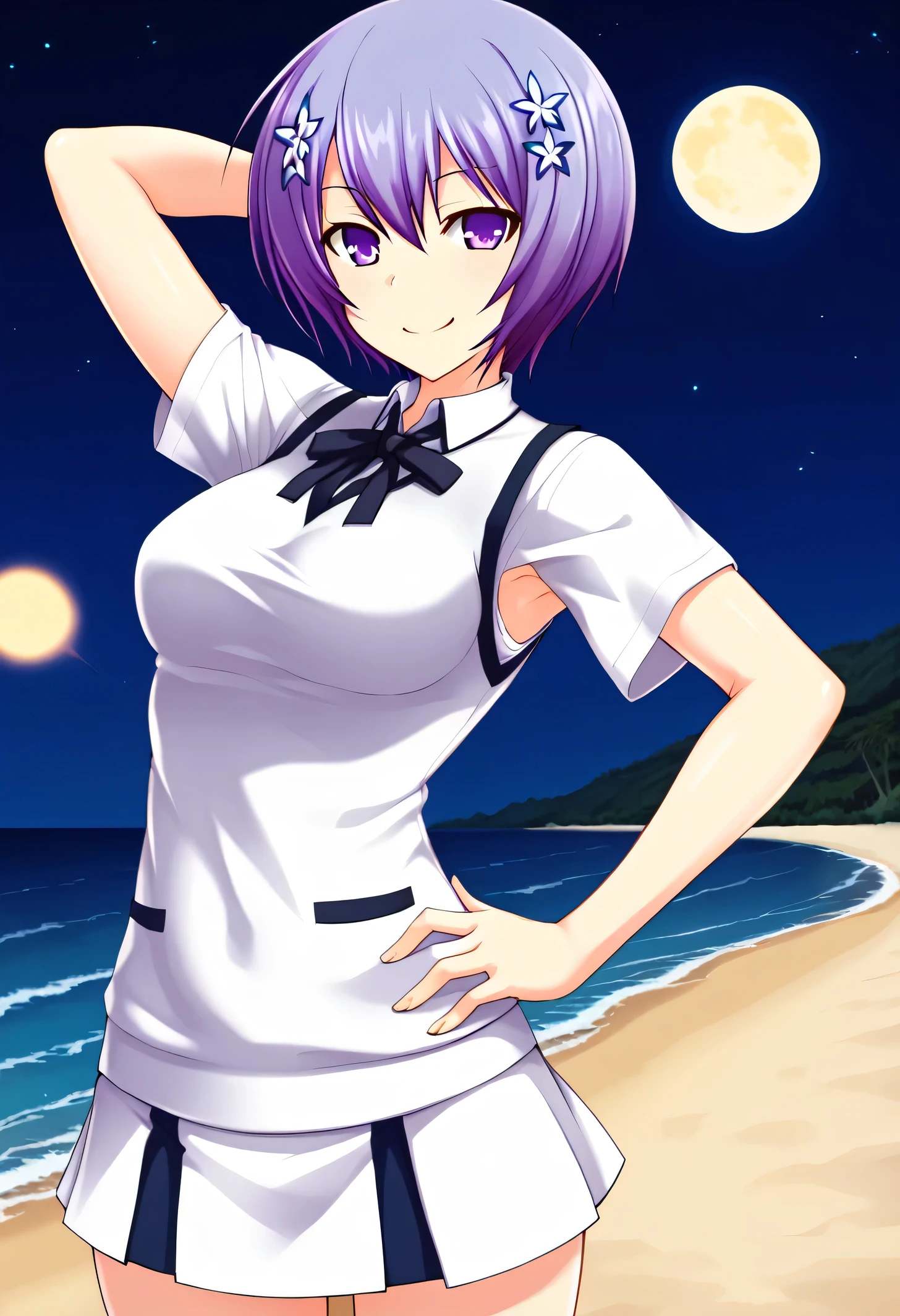 Shiina Miyako, purple hair, short hair, purple eyes, hair ornament, , short sleeves, white sweater vest, white shirt, white skirt, neck ribbon, black ribbon, high quality, solo, night sky, beach, arm behind head, hand on hip, contrapposto, closed mouth, spread armpits, (cowboy shot:1.5), looking at viewer, smile, best quality,