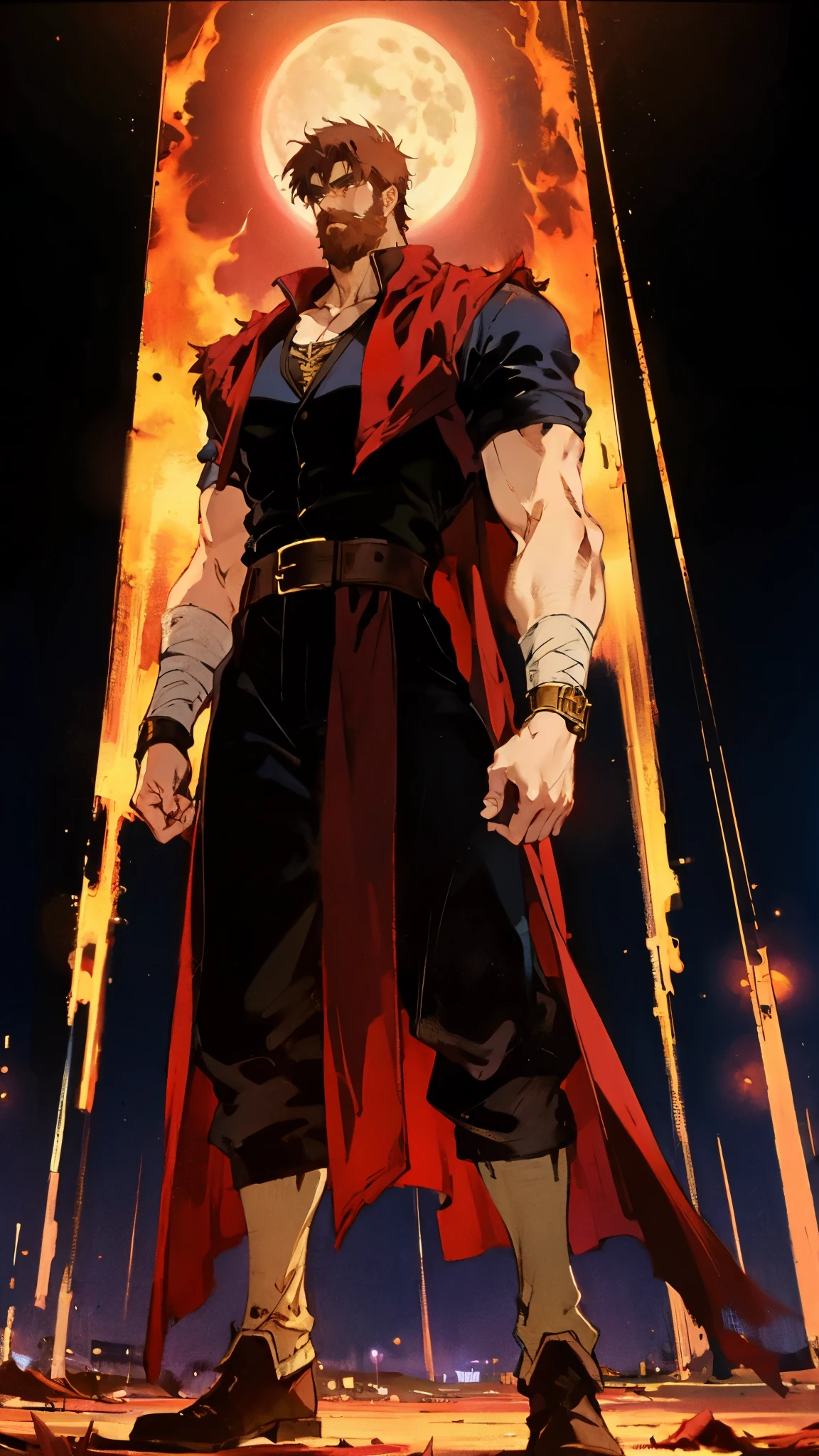 A 50-year-old man with slicked-back reddish-brown short hair, a large beard covering the lower half of his face, piercing eyes, handsome features, an open dark red fantasy martial arts-style robe coat, flowing short sleeves, a black and white undershirt, matching cloth trousers, a metal belt buckle, he exudes a dark red aura of death, strides down a desolate and silent moonlit street, this character embodies a finely crafted fantasy martial arts-style overlord in anime style, exquisite and mature manga art style, dramatic, high definition, best quality, highres, ultra-detailed, ultra-fine painting, extremely delicate, professional, perfect body proportions, golden ratio, anatomically correct, symmetrical face, extremely detailed eyes and face, high quality eyes, creativity, RAW photo, UHD, 32k, Natural light, cinematic lighting, masterpiece-anatomy-perfect, masterpiece:1.5
