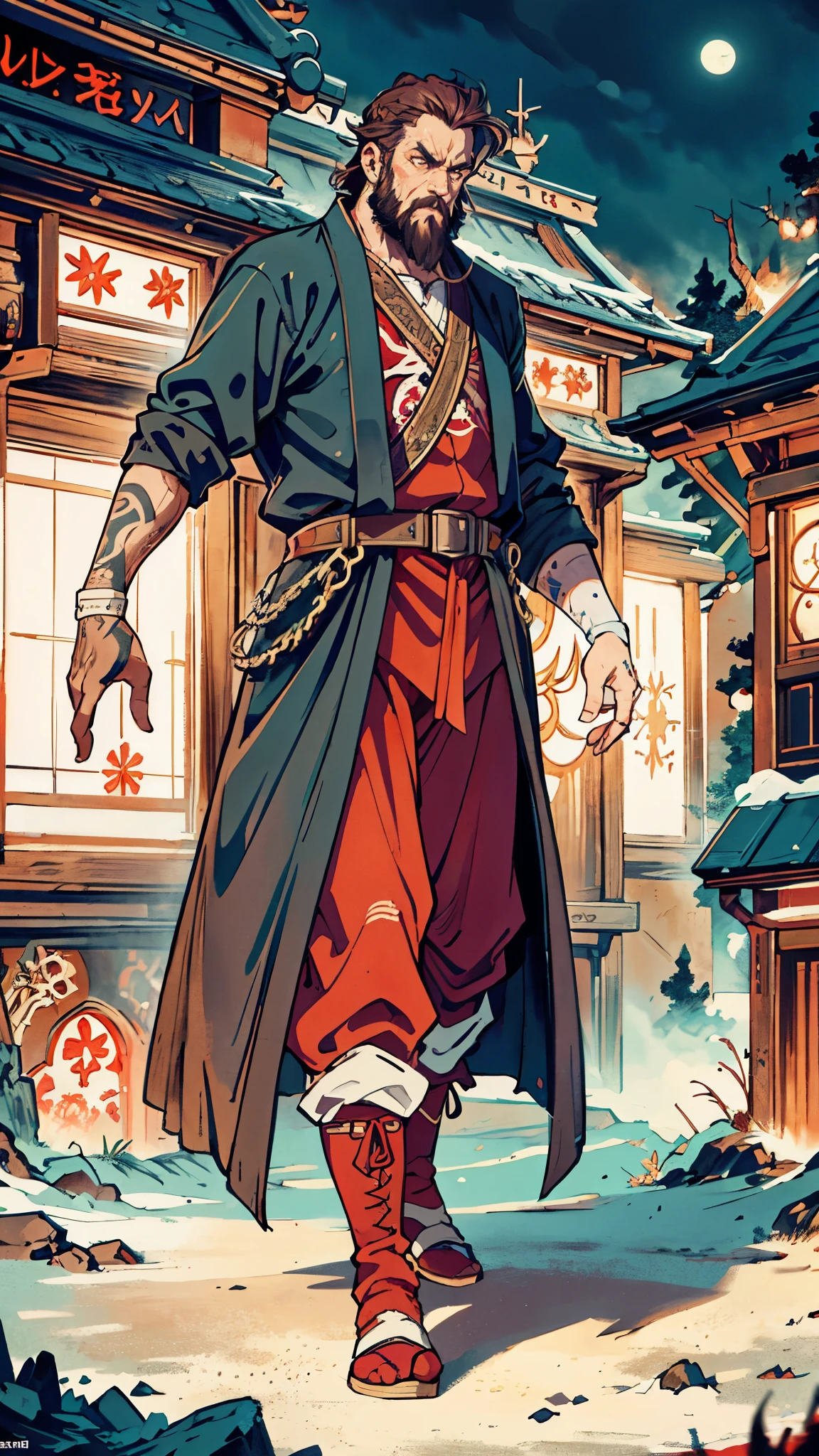 A 50-year-old man with slicked-back reddish-brown short hair, a large beard covering the lower half of his face, piercing eyes, handsome features, an open dark red fantasy martial arts-style robe coat, flowing short sleeves, a black and white undershirt, matching cloth trousers, a metal belt buckle, he exudes a dark red aura of death, strides down a desolate and silent moonlit street, this character embodies a finely crafted fantasy martial arts-style overlord in anime style, exquisite and mature manga art style, dramatic, high definition, best quality, highres, ultra-detailed, ultra-fine painting, extremely delicate, professional, perfect body proportions, golden ratio, anatomically correct, symmetrical face, extremely detailed eyes and face, high quality eyes, creativity, RAW photo, UHD, 32k, Natural light, cinematic lighting, masterpiece-anatomy-perfect, masterpiece:1.5