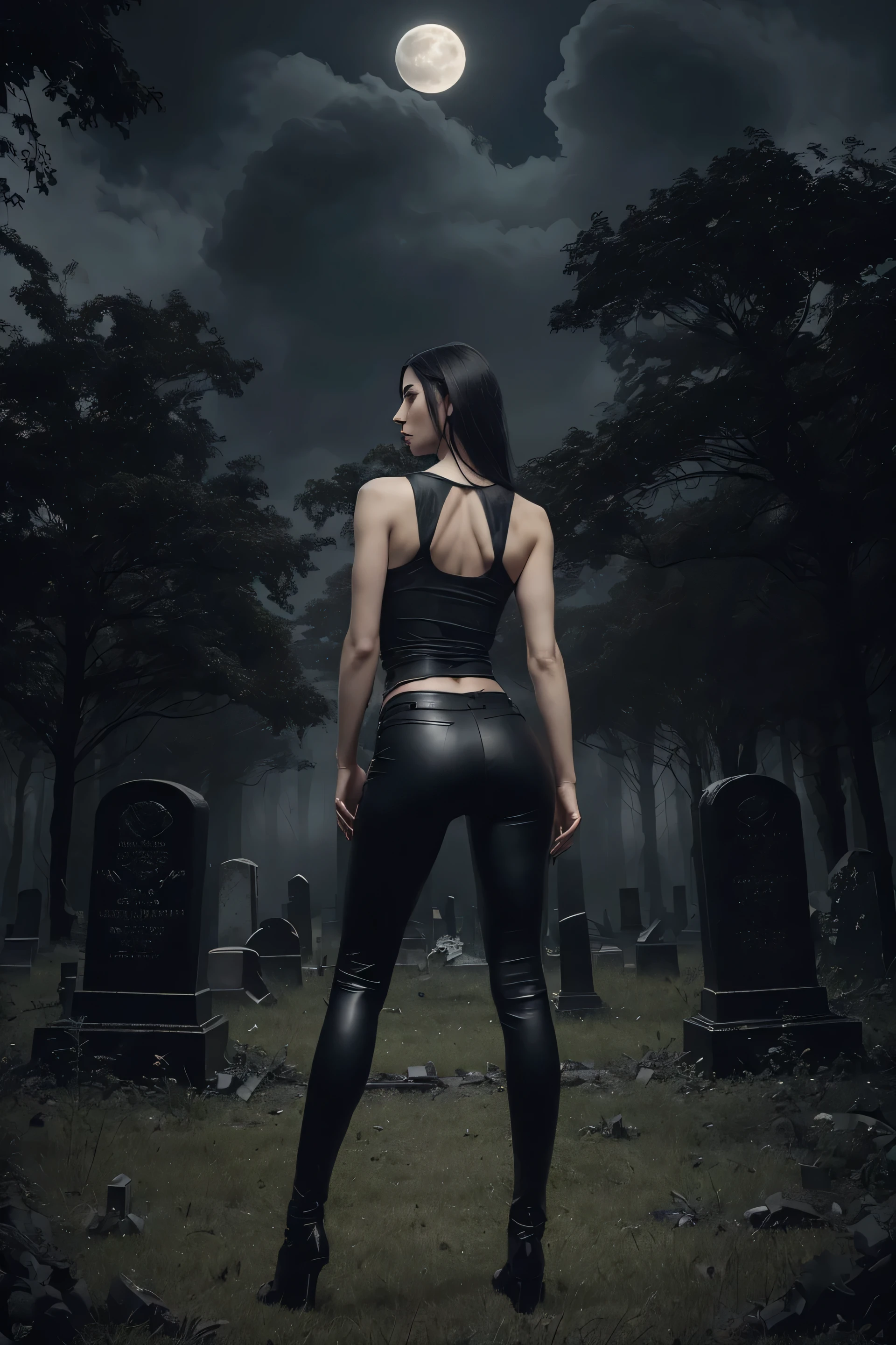 (realistic, photorealistic, photorealistic:1.37 ), horror, dark and gloomy mood with dramatic lighting, Foggy environment, Mossy trees, detailed facial expressions, long wavy hair, Horrible fog, full body Dark Angel, long black straight hair, black eyes, high arched eyebrows, long graceful neck, red lips, pale skin color, large breasts, muscular, huge black closed mother wing,  tight black leather pants, pale black sleeveless torn t-shirt, leather boots, in an ancient cemetery overgrown with abandoned plants, standing with his back among the graves, stretching his hands to the moon