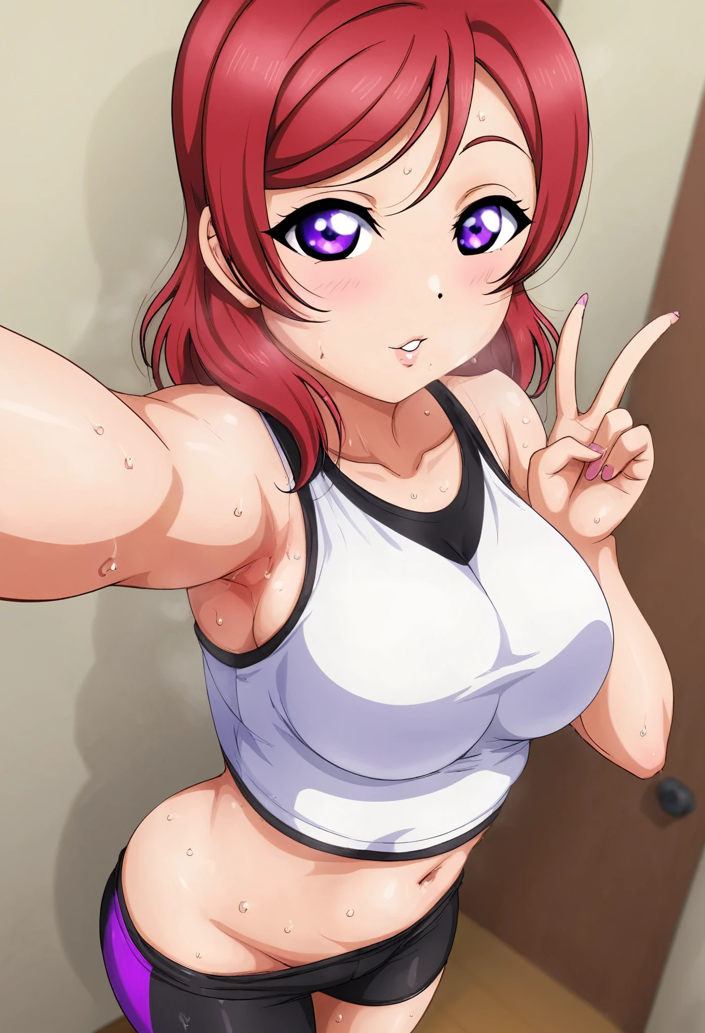 Masterpiece, best quality, love live style,maki nishikino, solo, purple eyes,standing , taking selfie,mini gym shorts, crop tank top,sweating, black bike shorts , curvy hip,(shorts pulled down:0.9) , from above ,v,duck selfie, incoming kiss, parted lips