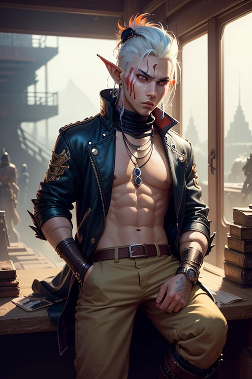 niji mode, ancient fantasy setting mixed with steampunk, a young dwarf elf with orange skin, pierced pointed ears, a mechanical arm, a platinum crew cut displays a piercing gaze and a confident demeanor. Adorned in a two-piece fusion outfit, perfectly blending Western and Eastern influences, he wears a comfortable dark t-shirt paired with a vibrantly colored jacket. The bottom half features loose-fitting white utilitarian pants, and its long, chunky boots echo through the hallways of a retro-futuristic architectural landscape. The overall aesthetic captures the essence of a refined and mature anime-inspired rogue, face with red tribal face paint, extremely detailed glowing gradient eyes, ultra-fine painting, exquisite and mature, Anatomically correct, creativity, Natural light, Cinematic magic lighting, best shadow , Work of art, art book, Studio ghibli, metal hurlant, moebios.