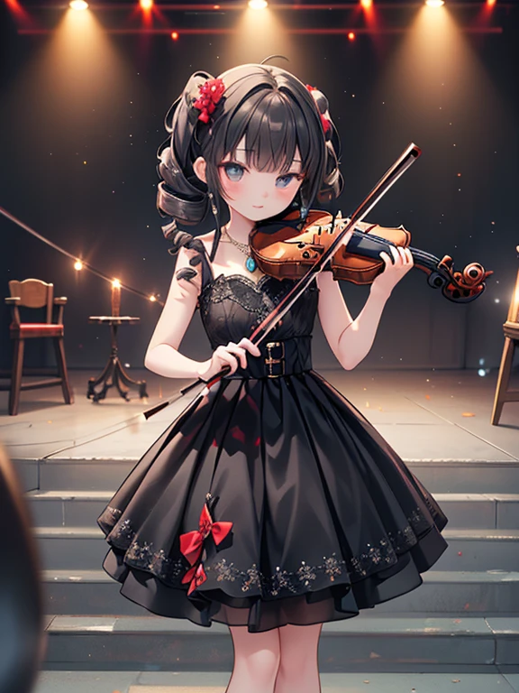 masterpiece, highest quality, Very detailed, 16k, Ultra-high resolution, -yeld gi Detailed face, Anatomically correct, black eye, Black Hair, Long Hair, Drill Hair, (mega twin drills:1.5), (Red dress:1.5), Shoulder-to-shoulder clothing, Skirt with a widened hem, necklace, stage, Chair, sit, (violin:1.5), (少女はChairに座ってviolinを演奏する:1.5)