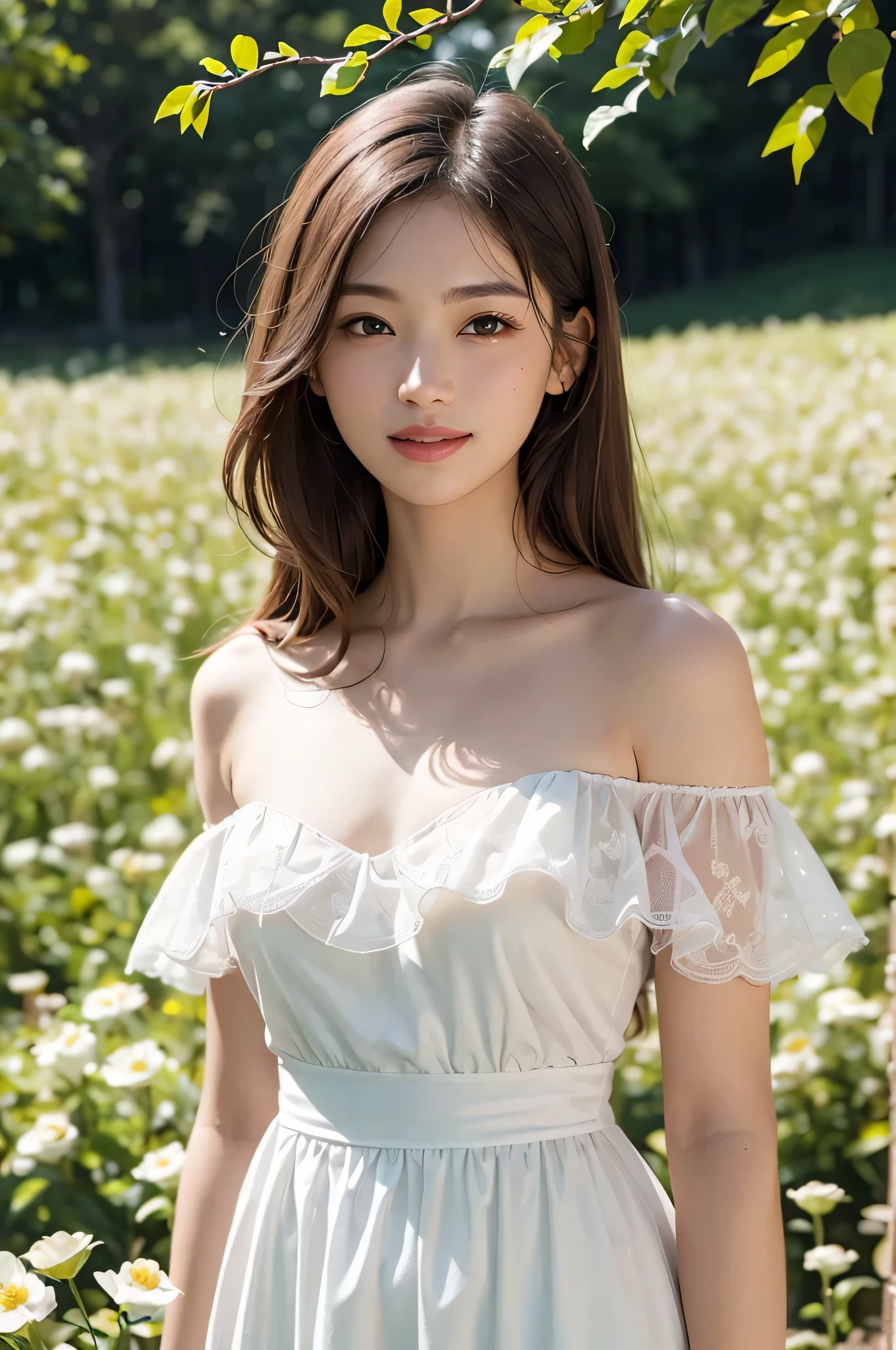 Best quality, masterpiece, ultra high res, (photorealistic:1.4), raw photo, 1girl, white dress, off shoulder, blossom flower field, glowing skin, light smile